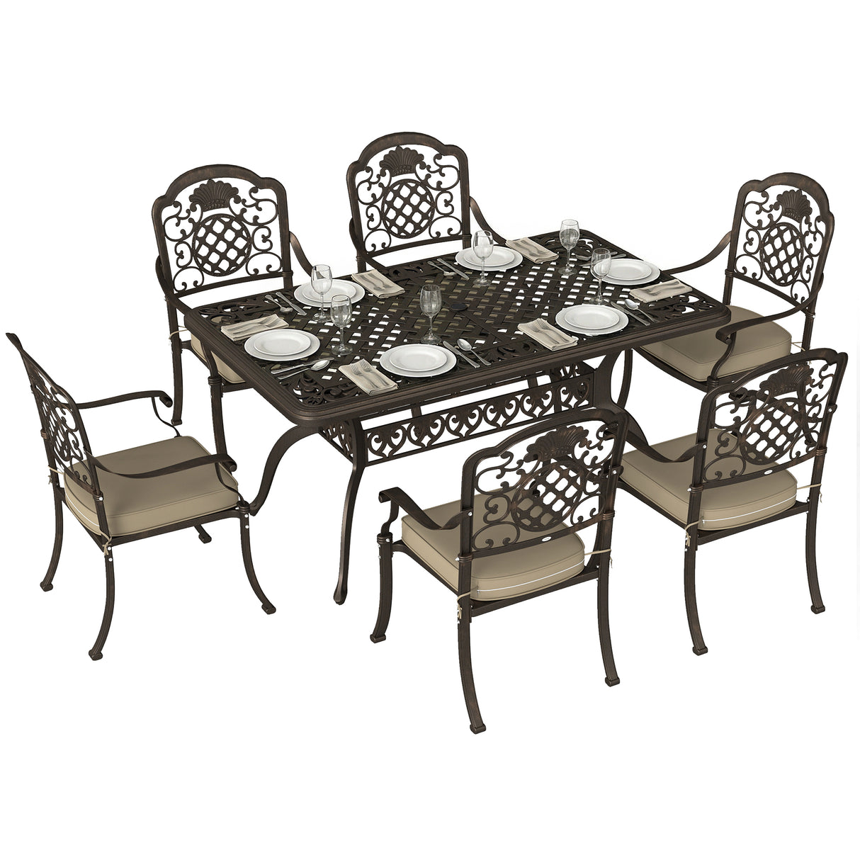 Aluminium 6 Seater Garden Dining Set With Cushions and Parasol Hole - Velmora