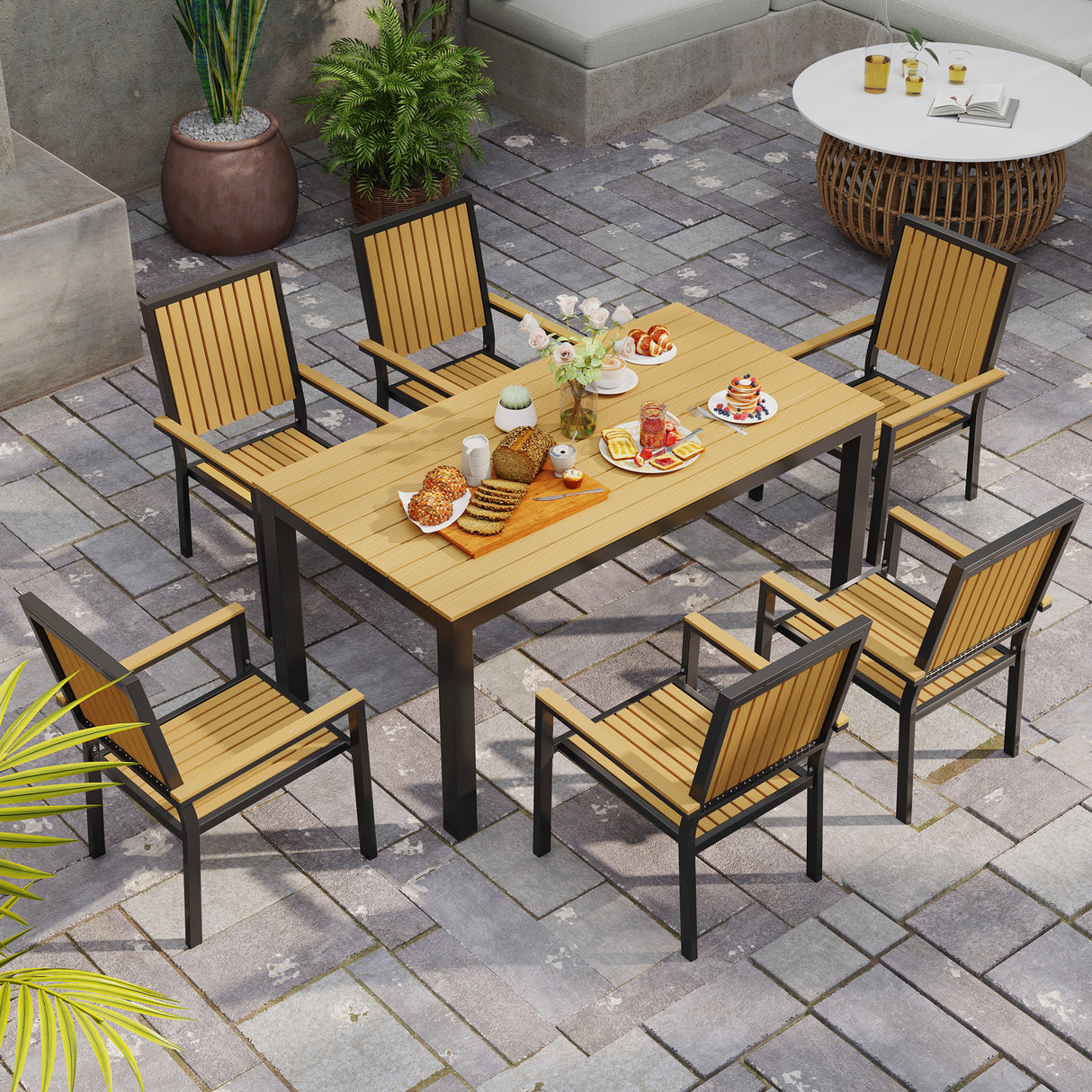 Aluminium 6 Seater Garden Dining Set With Stackable Chairs And Rectangular Table - Velmora