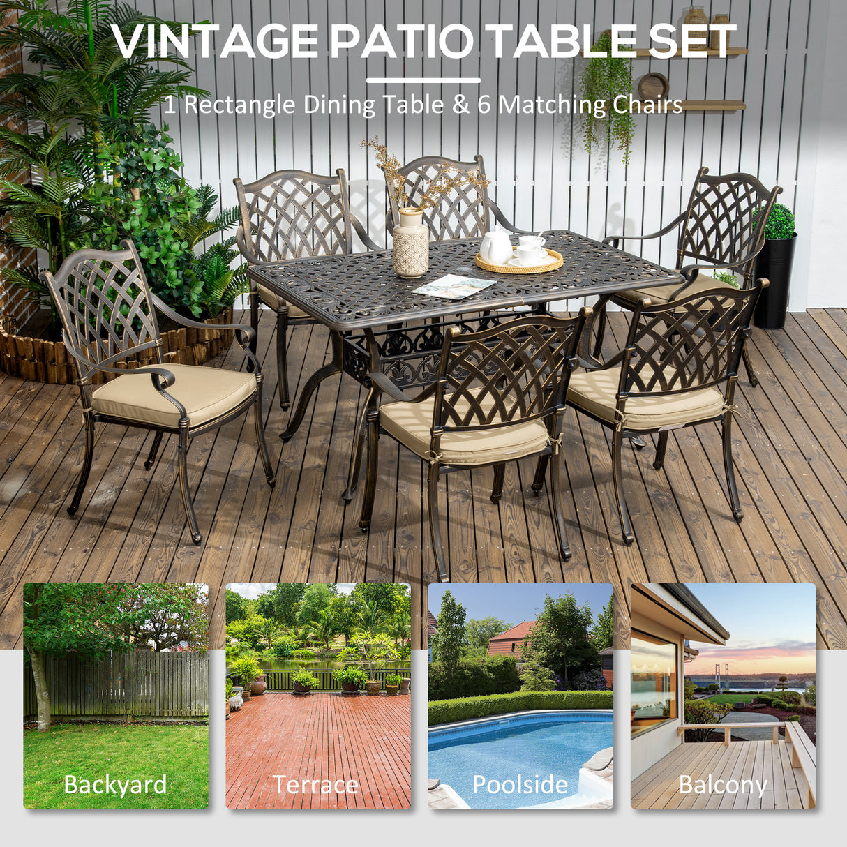 Aluminium 7 Pieces Patio Garden Dining Set With Parasol Hole With Cushions - Velmora