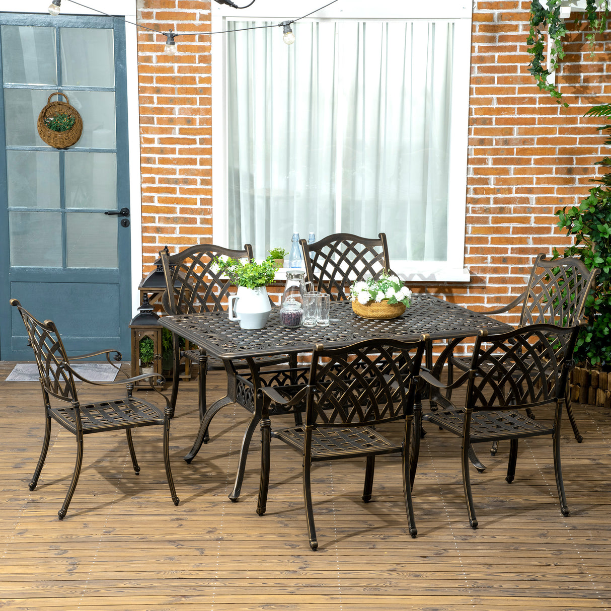 Aluminium 7 Pieces Patio Garden Dining Set With Parasol Hole With Cushions - Velmora