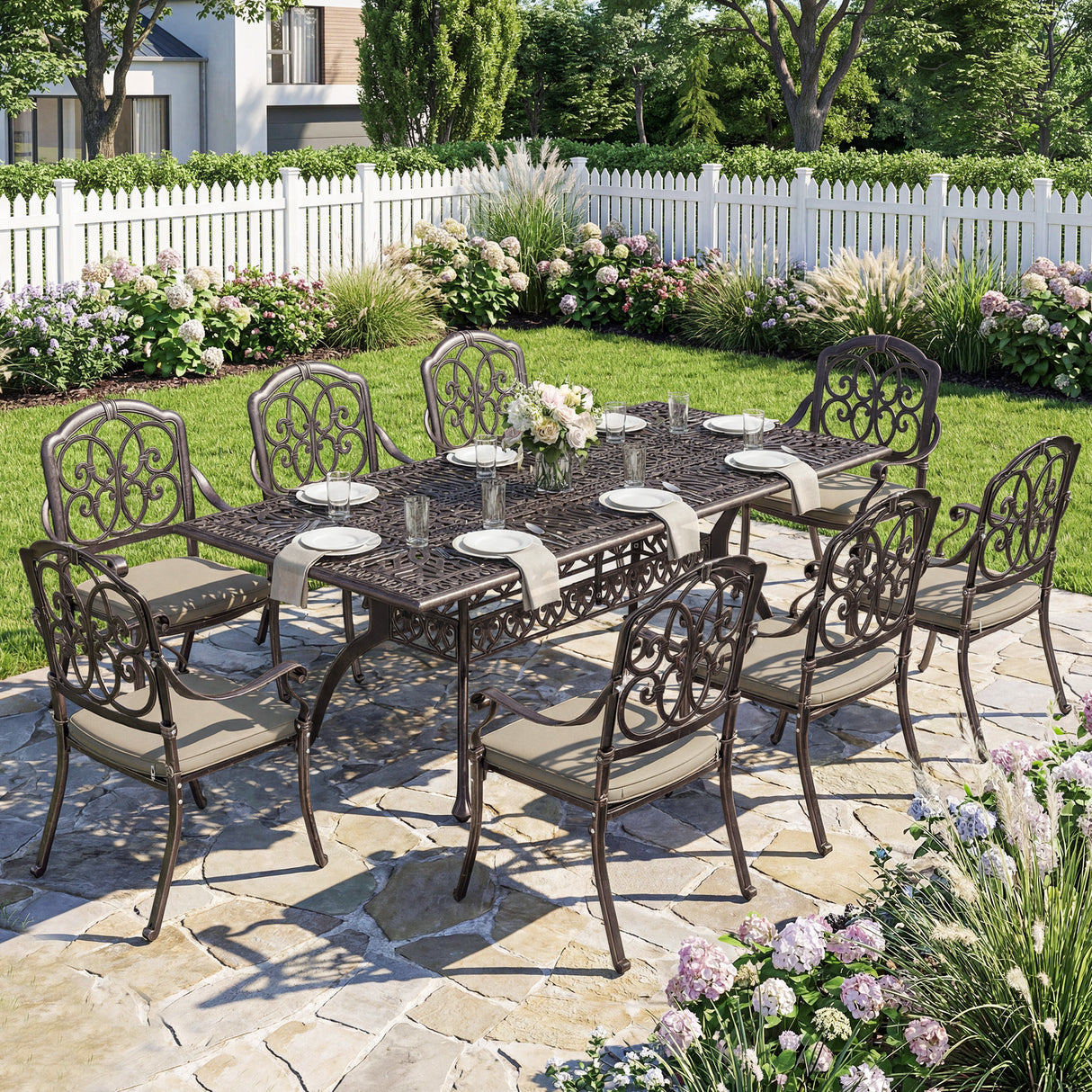 Aluminium 8 Seater Garden Dining Set With Cushions and Parasol Hole - Velmora