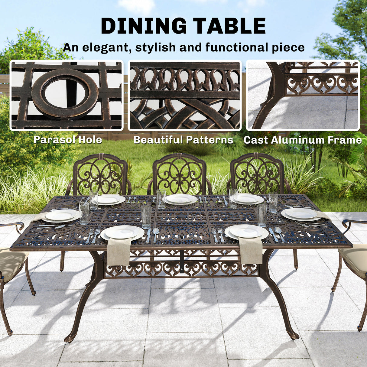Aluminium 8 Seater Garden Dining Set With Cushions and Parasol Hole - Velmora