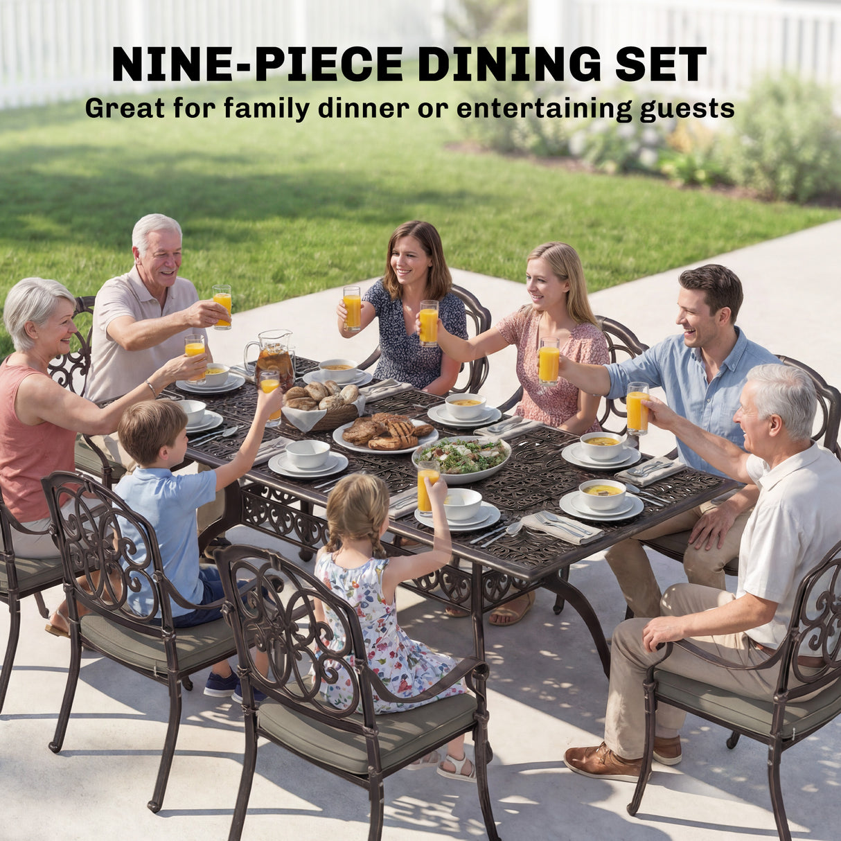 Aluminium 8 Seater Garden Dining Set With Cushions and Parasol Hole - Velmora