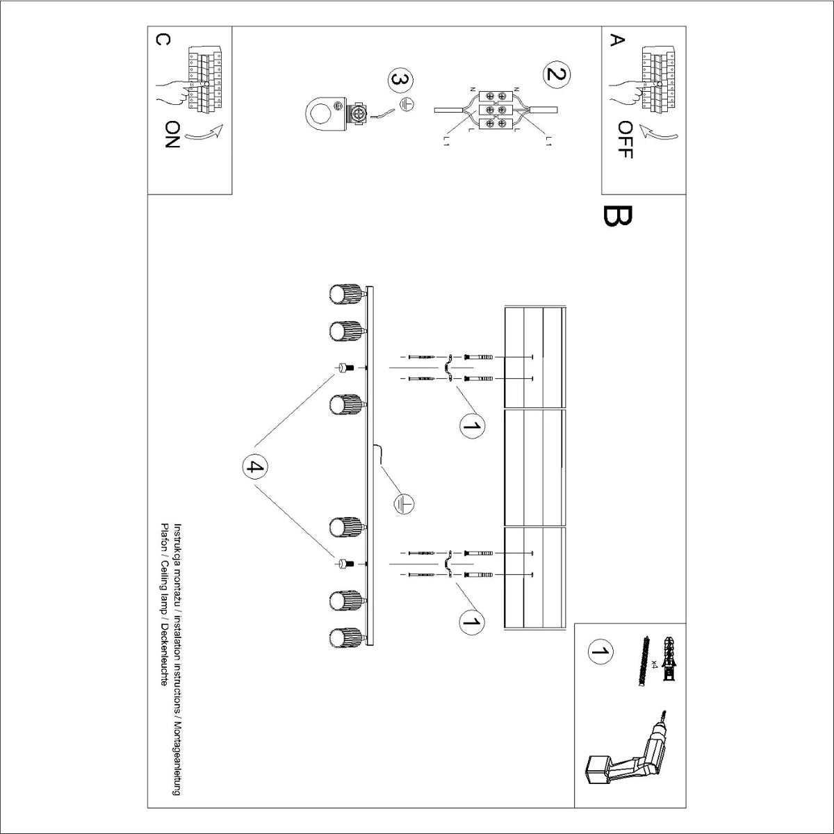Aluminium Ceiling Light With 6 Karbon Lamps - Deep Space