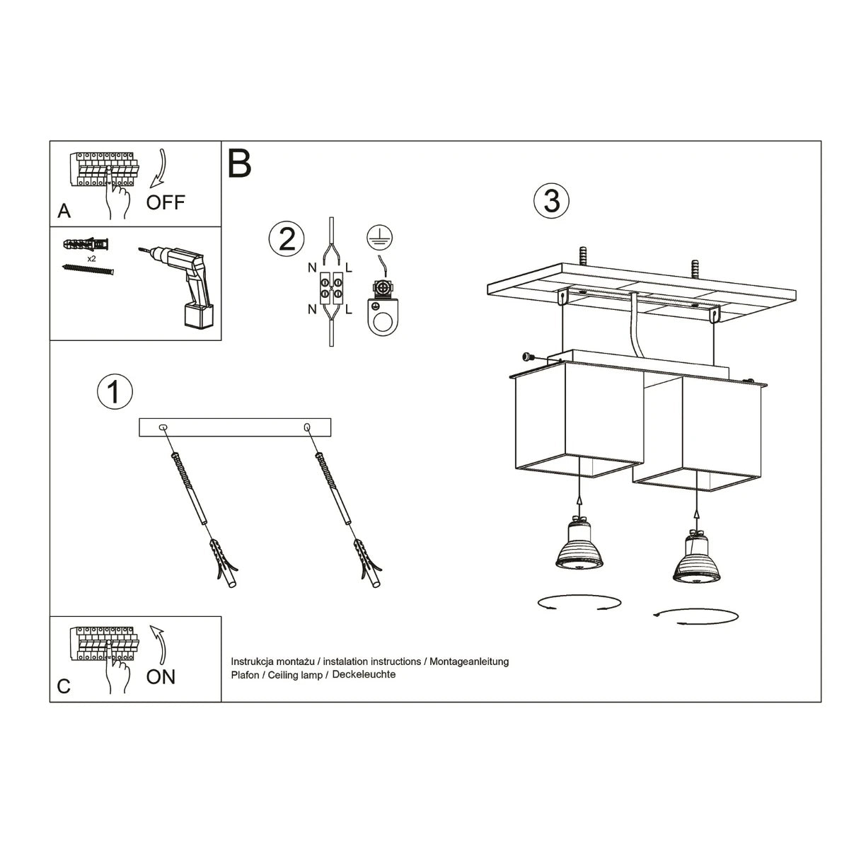 Aluminium Ceiling Light Square With 2 Quad Lamps - Deep Space