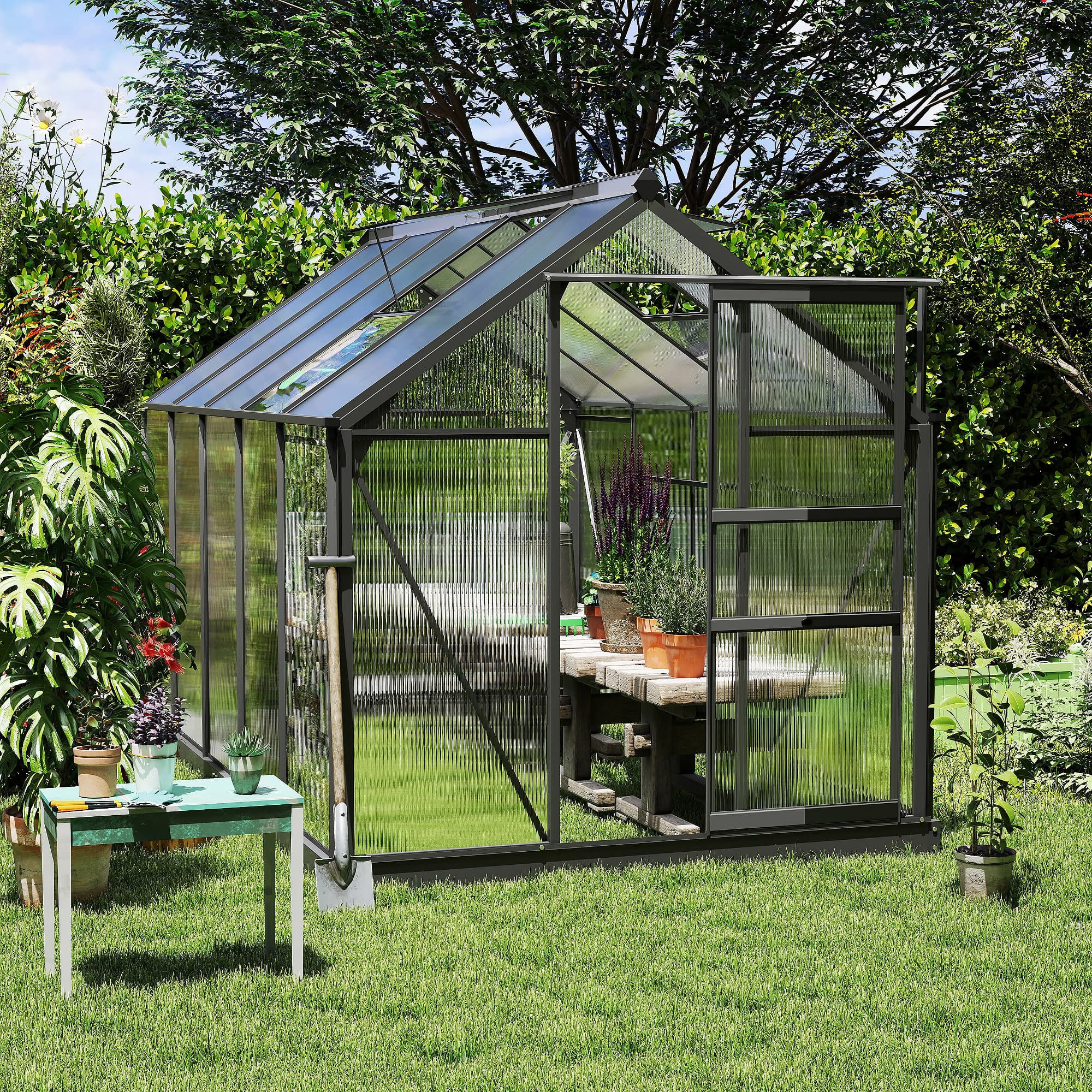 Aluminium Frame Garden Greenhouse 6ft x 10ft With Slide Door - Velmora