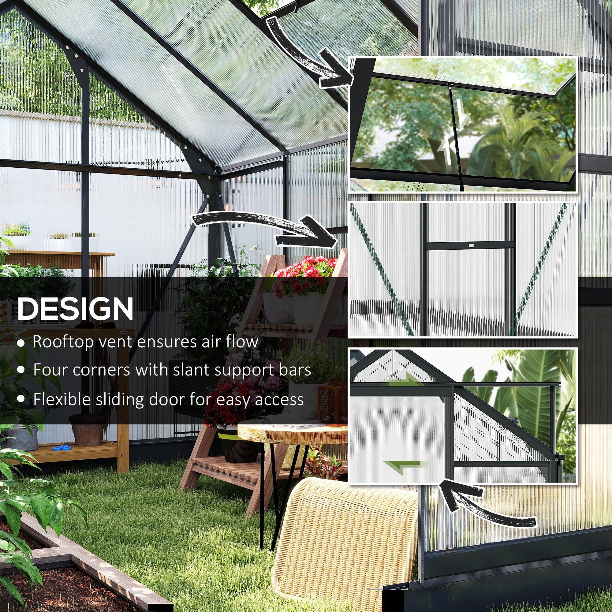 Aluminium Frame Garden Greenhouse 6ft x 8ft With Slide Door - Velmora