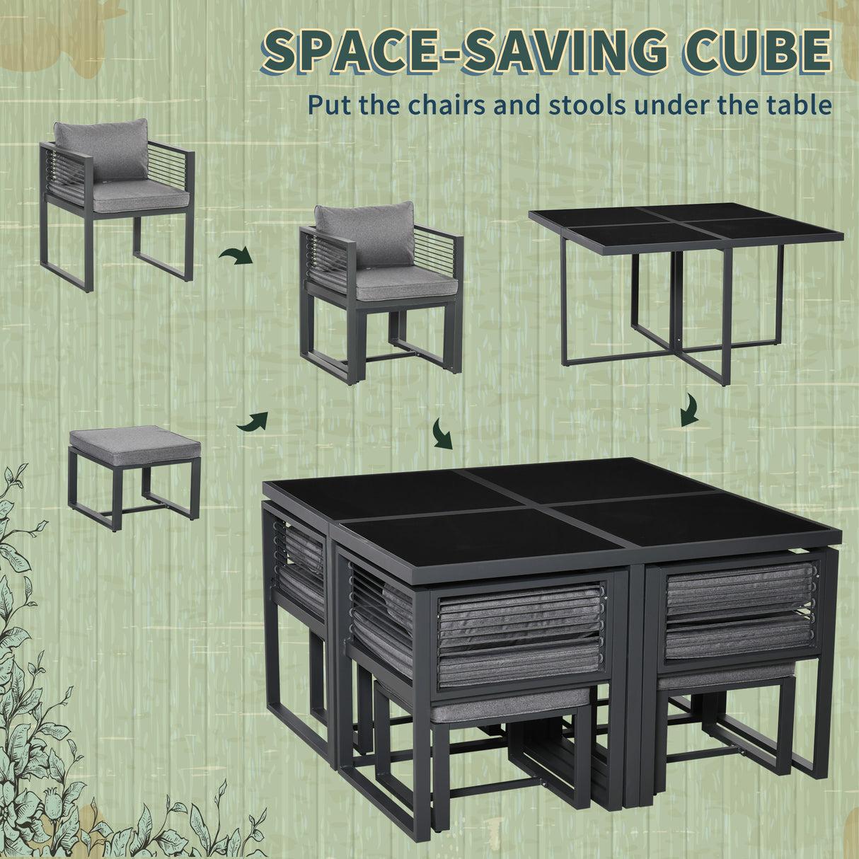 Aluminium Garden Sofa Set With Square Glass Top Table And Stools - Velmora