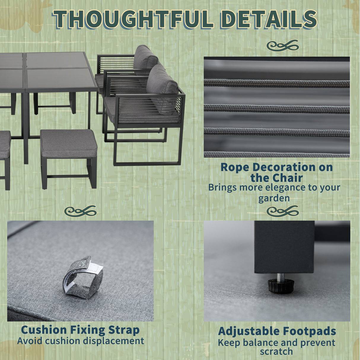 Aluminium Garden Sofa Set With Square Glass Top Table And Stools - Velmora