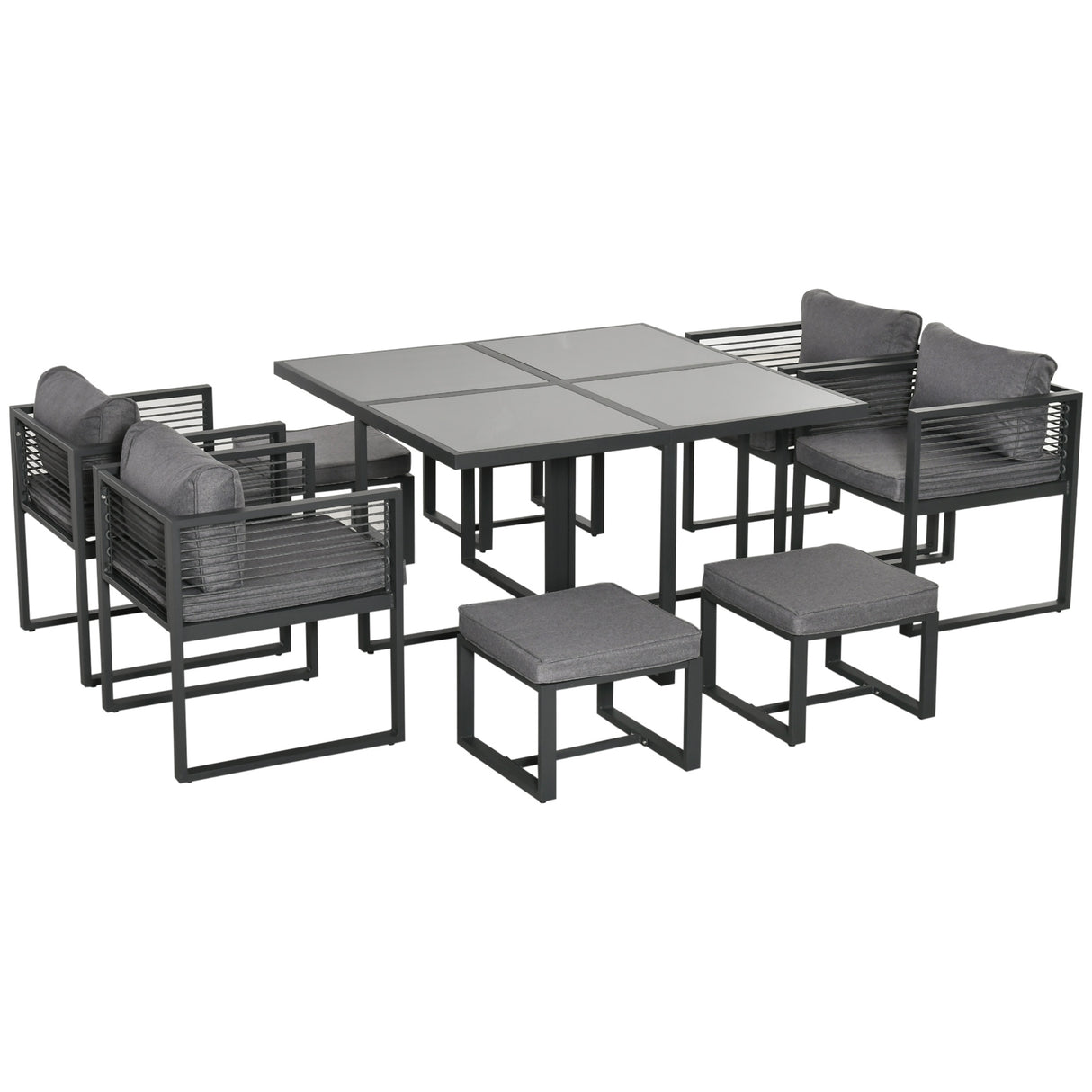 Aluminium Garden Sofa Set With Square Glass Top Table And Stools - Velmora