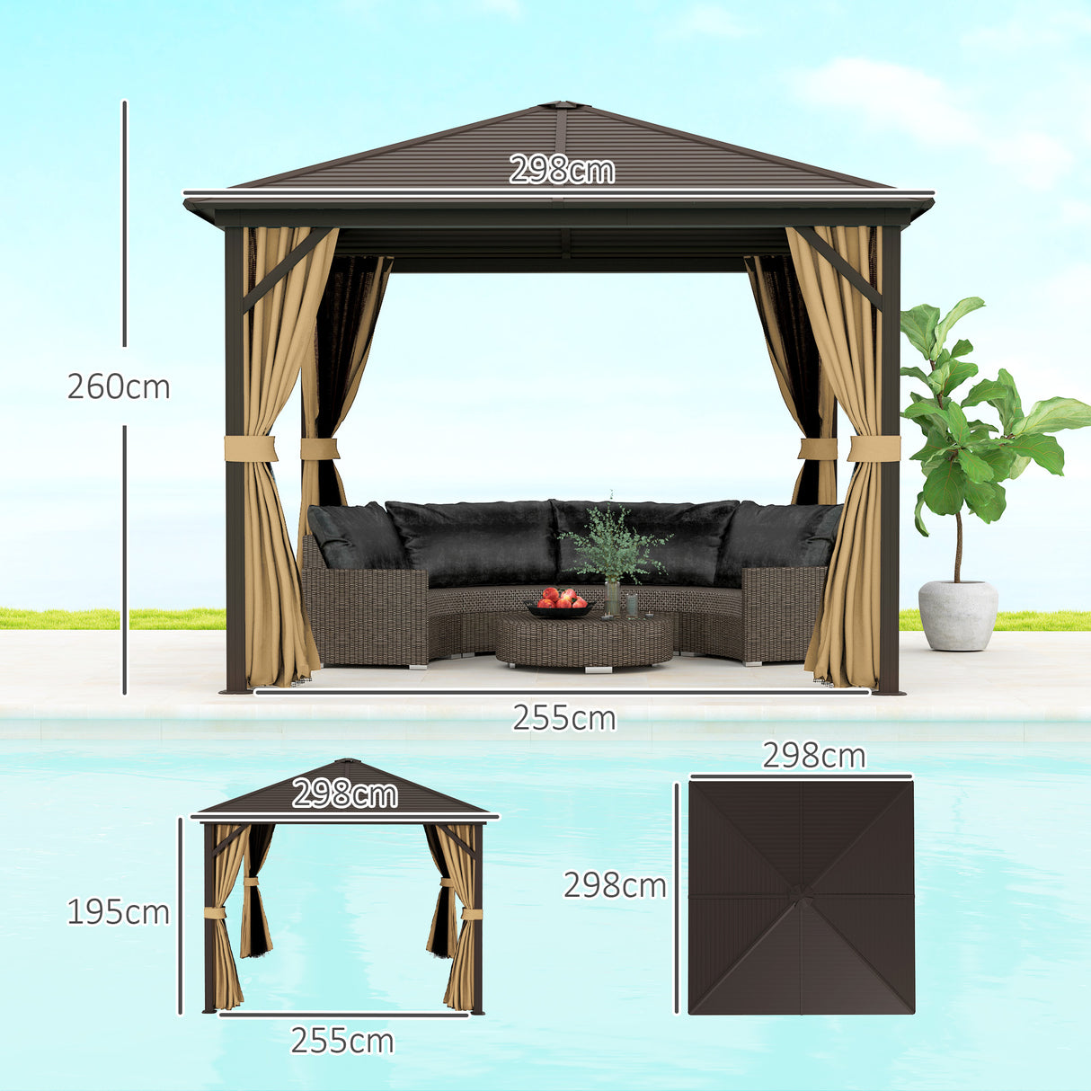 Aluminium Hardtop Gazebo 298cm Width x 298cm Depth With Curtains - Velmora