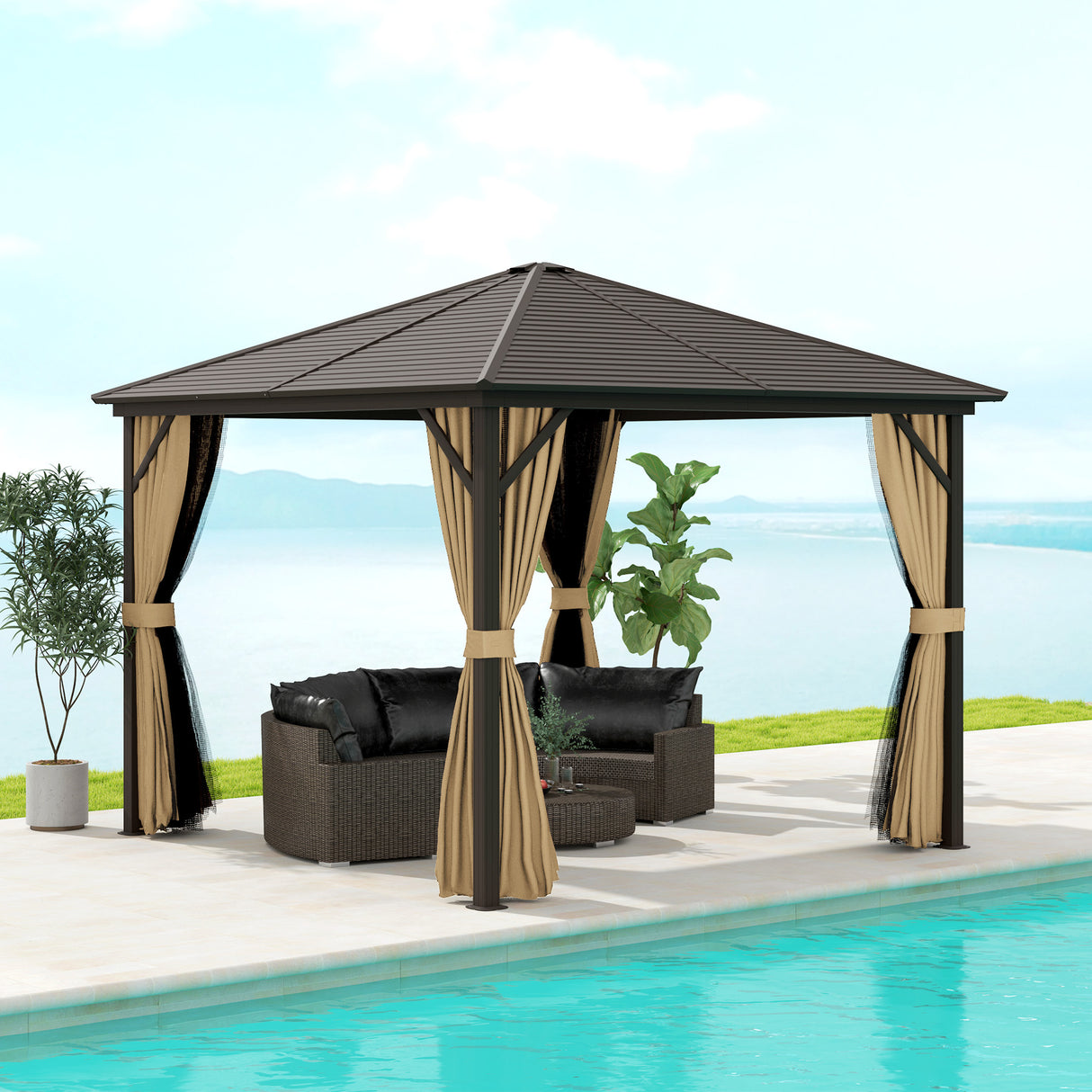 Aluminium Hardtop Gazebo 298cm Width x 298cm Depth With Curtains - Velmora