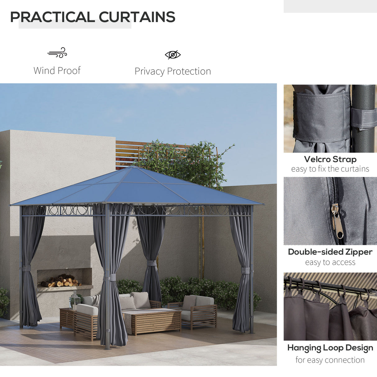 Aluminium Hardtop Gazebo 300cm Width x 300cm Depth With Curtains - Velmora