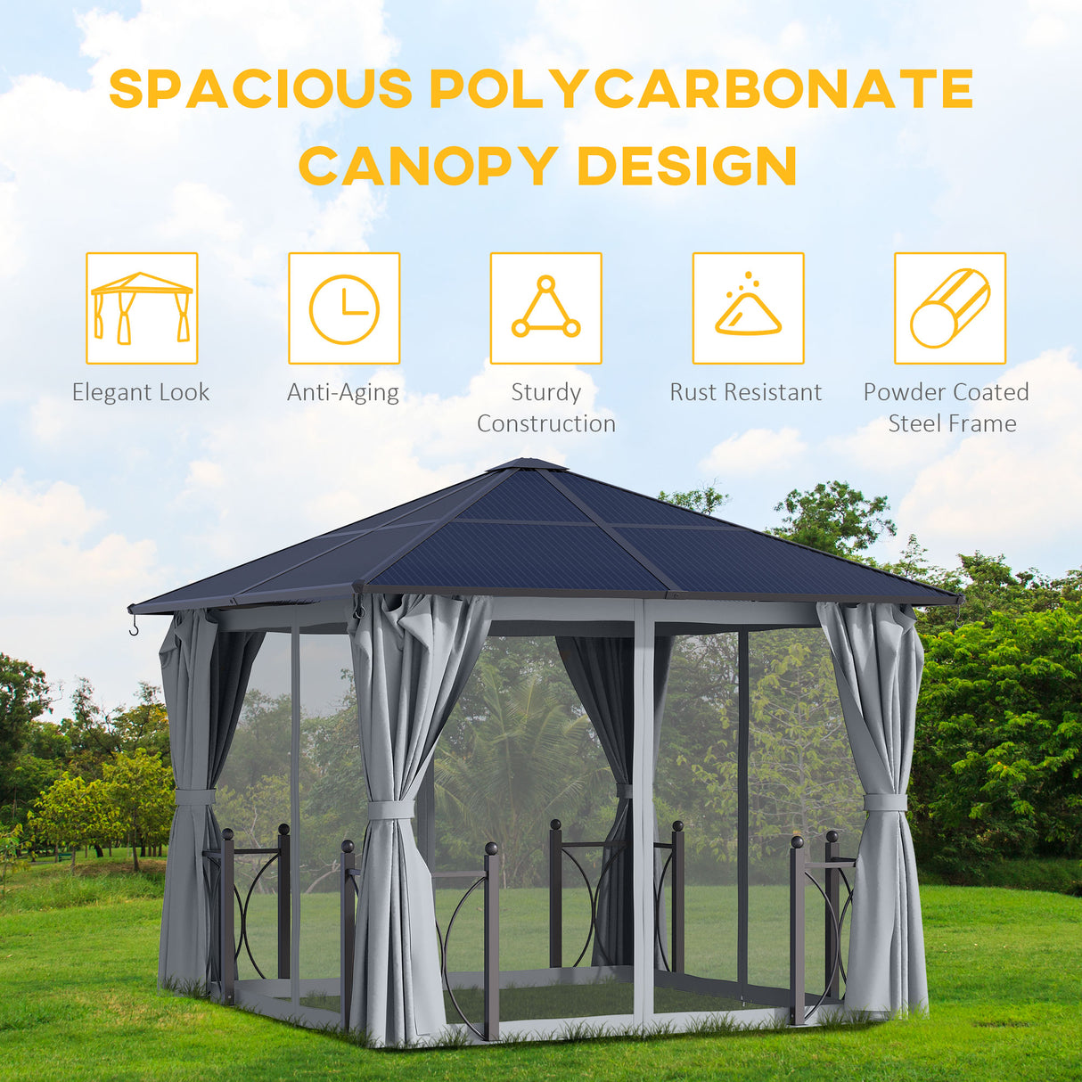 Aluminium Hardtop Gazebo 300cm Width x 300cm Depth With Polycarbonate Roof - Velmora