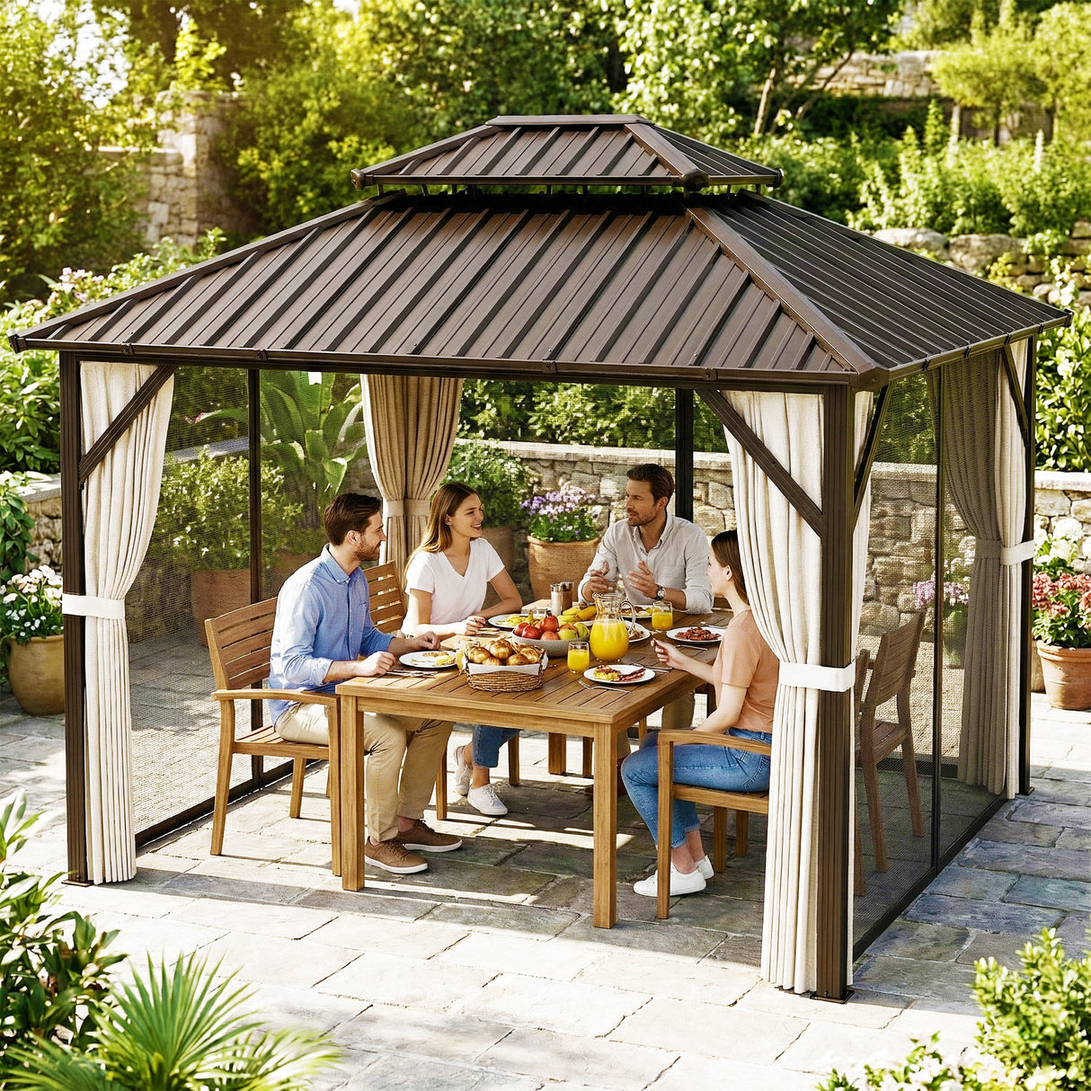 Aluminium Hardtop Gazebo 301cm Width x 301cm Depth With Curtains - Velmora