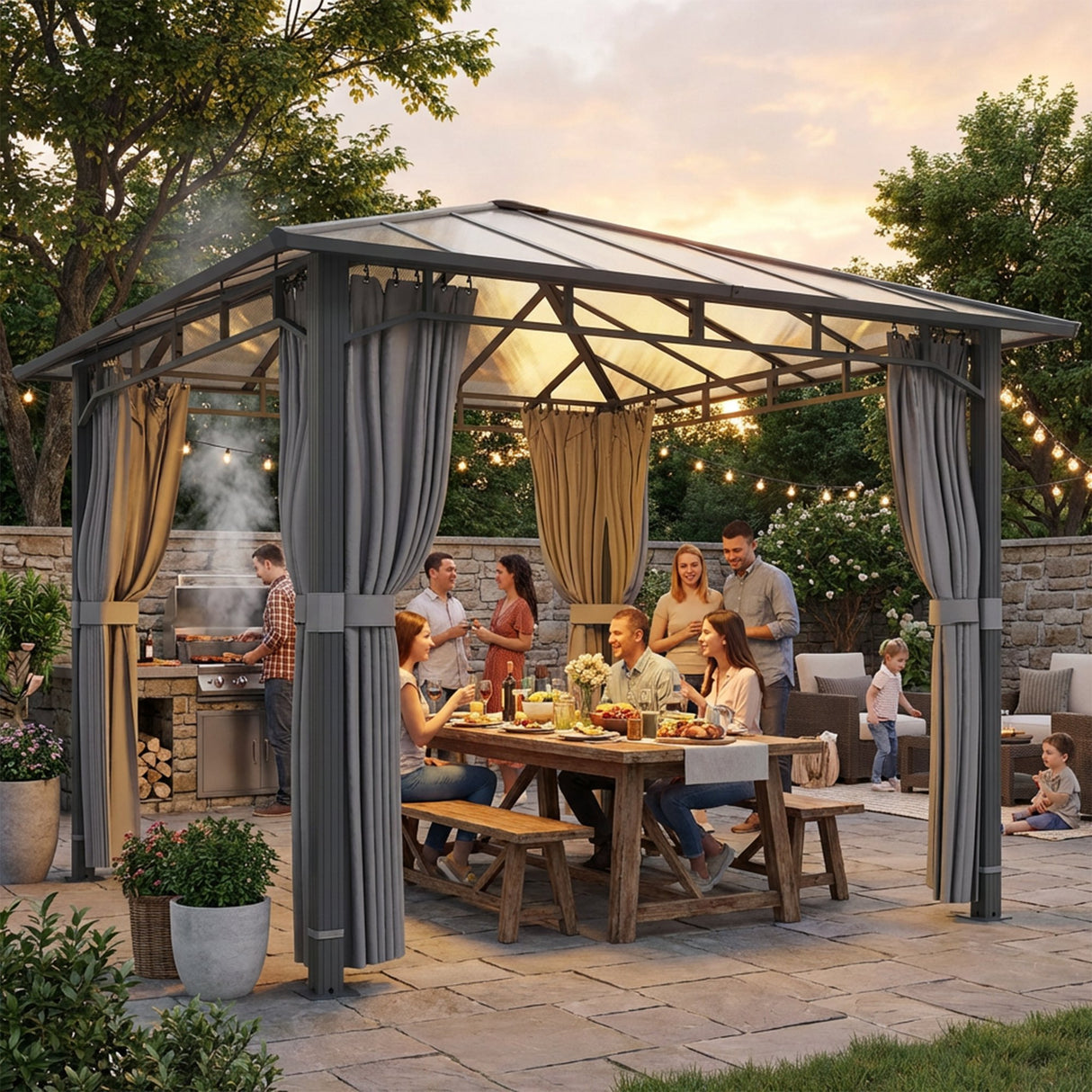 Aluminium Hardtop Gazebo 302cm Width x 302cm Depth With Curtains - Velmora
