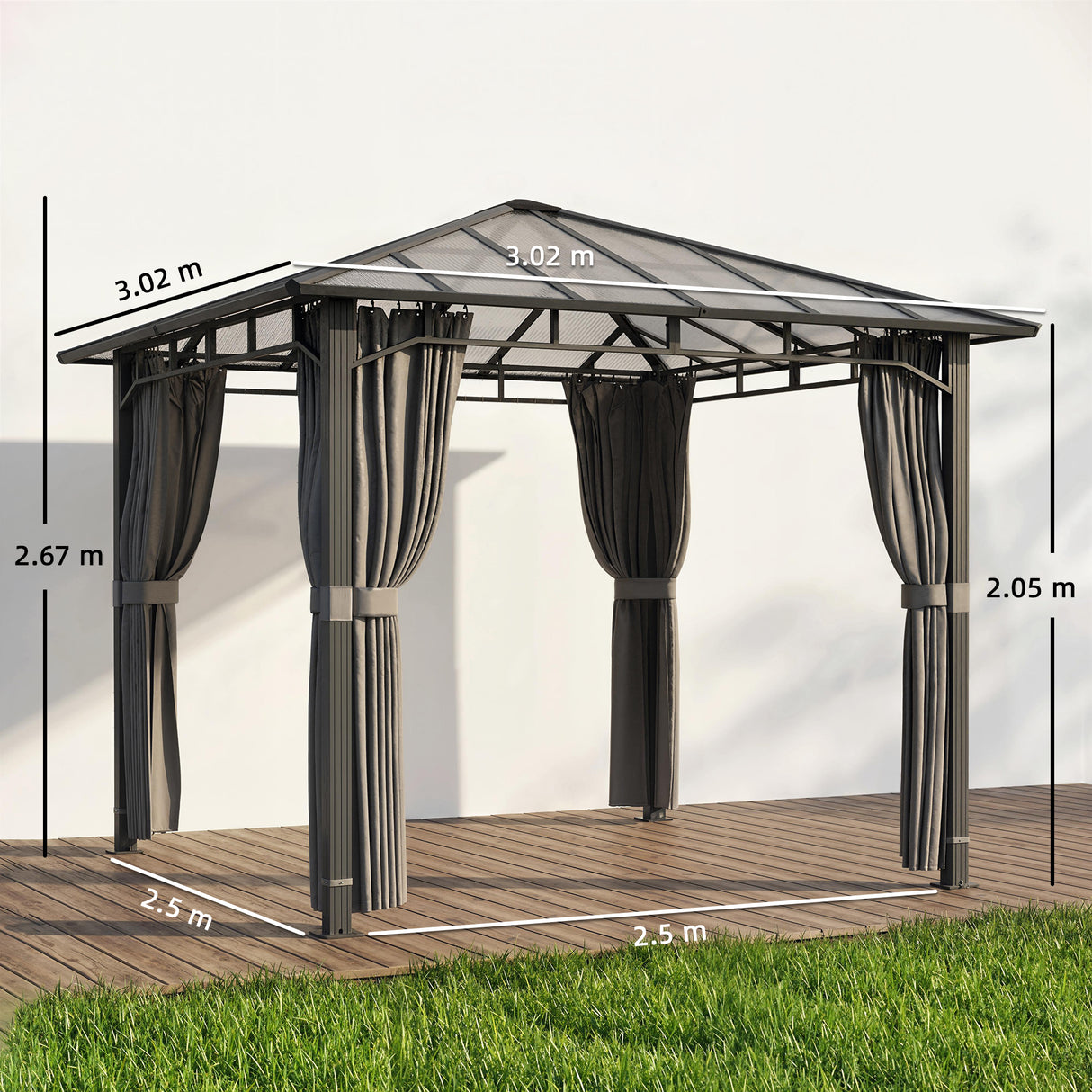 Aluminium Hardtop Gazebo 302cm Width x 302cm Depth With Curtains - Velmora