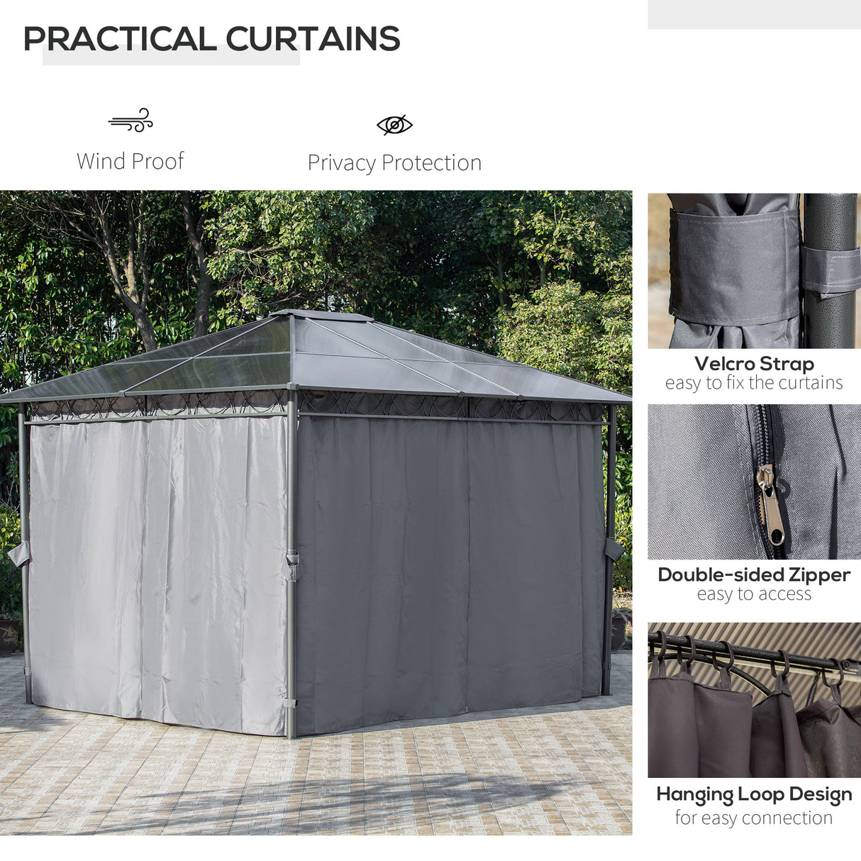 Aluminium Hardtop Gazebo 360cm Width x 300cm Depth With Curtains - Velmora