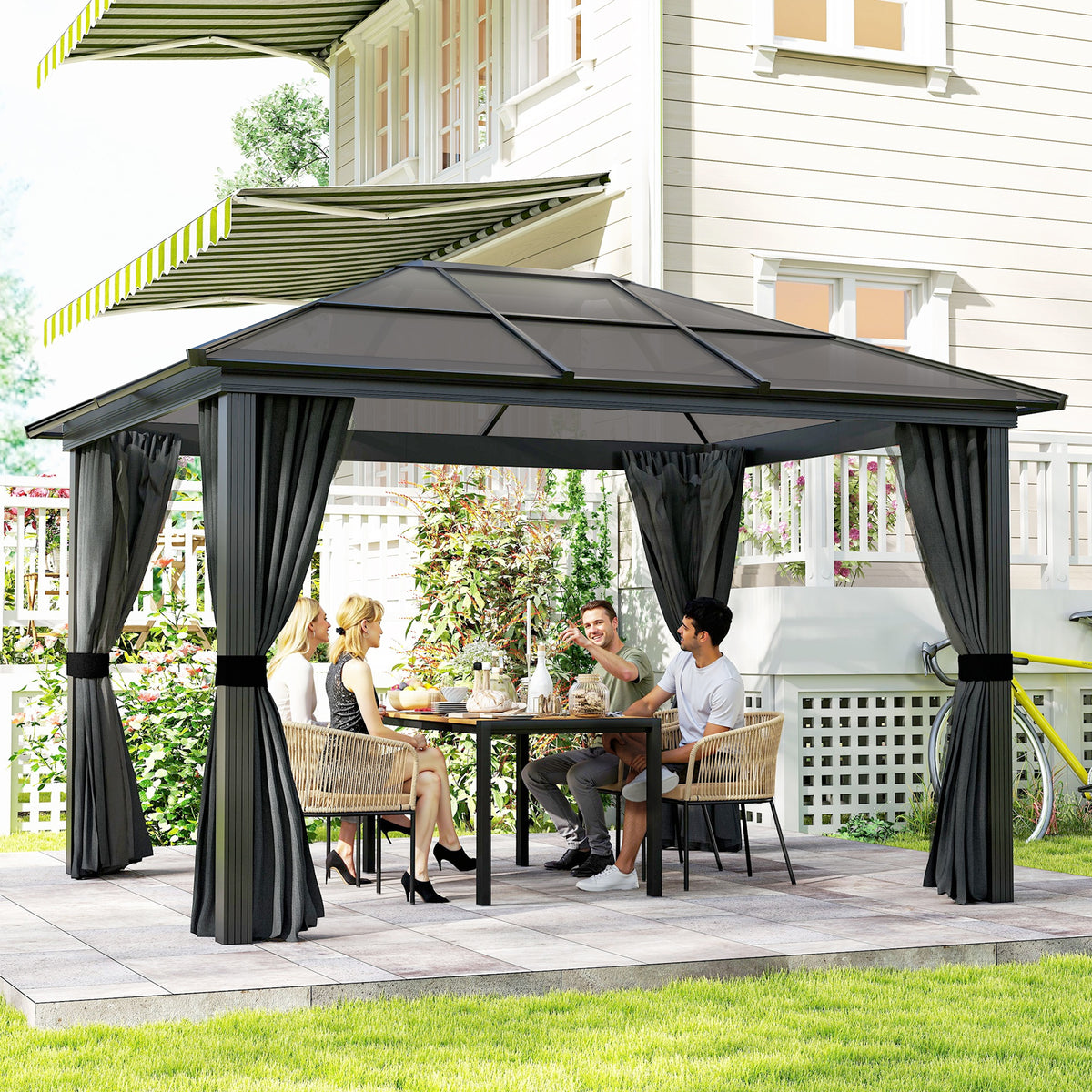 Aluminium Hardtop Gazebo with Curtains & Netting 360 x 300cm | Cozy ...