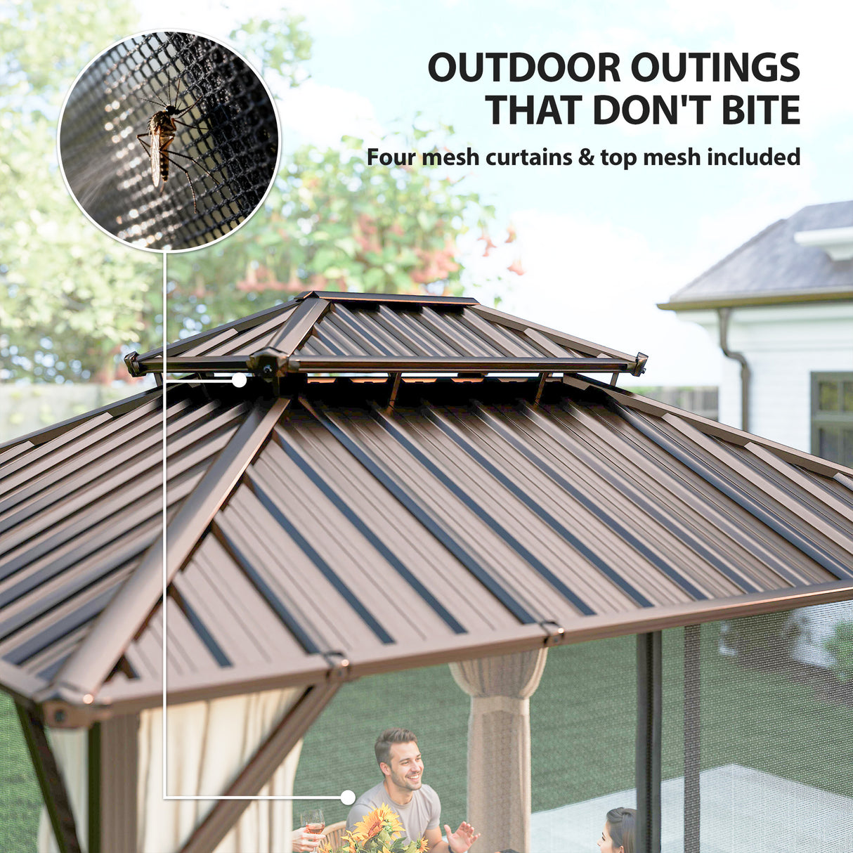 Aluminium Hardtop Gazebo 360cm Width x 301cm Depth With Curtains - Velmora