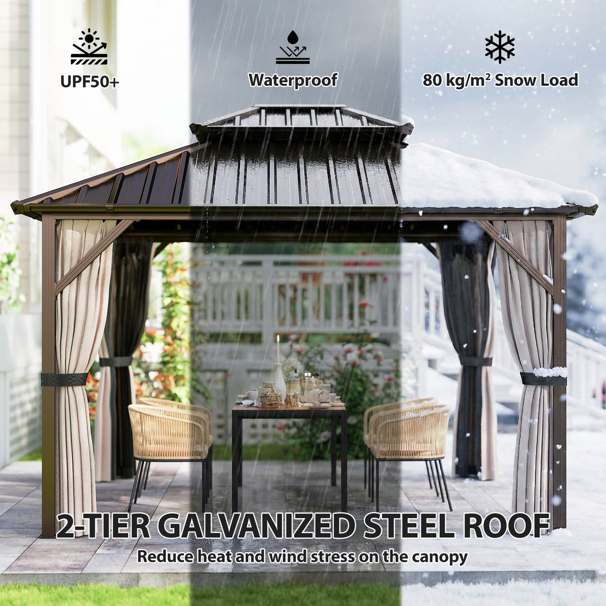 Aluminium Hardtop Gazebo 360cm Width x 301cm Depth With Curtains - Velmora