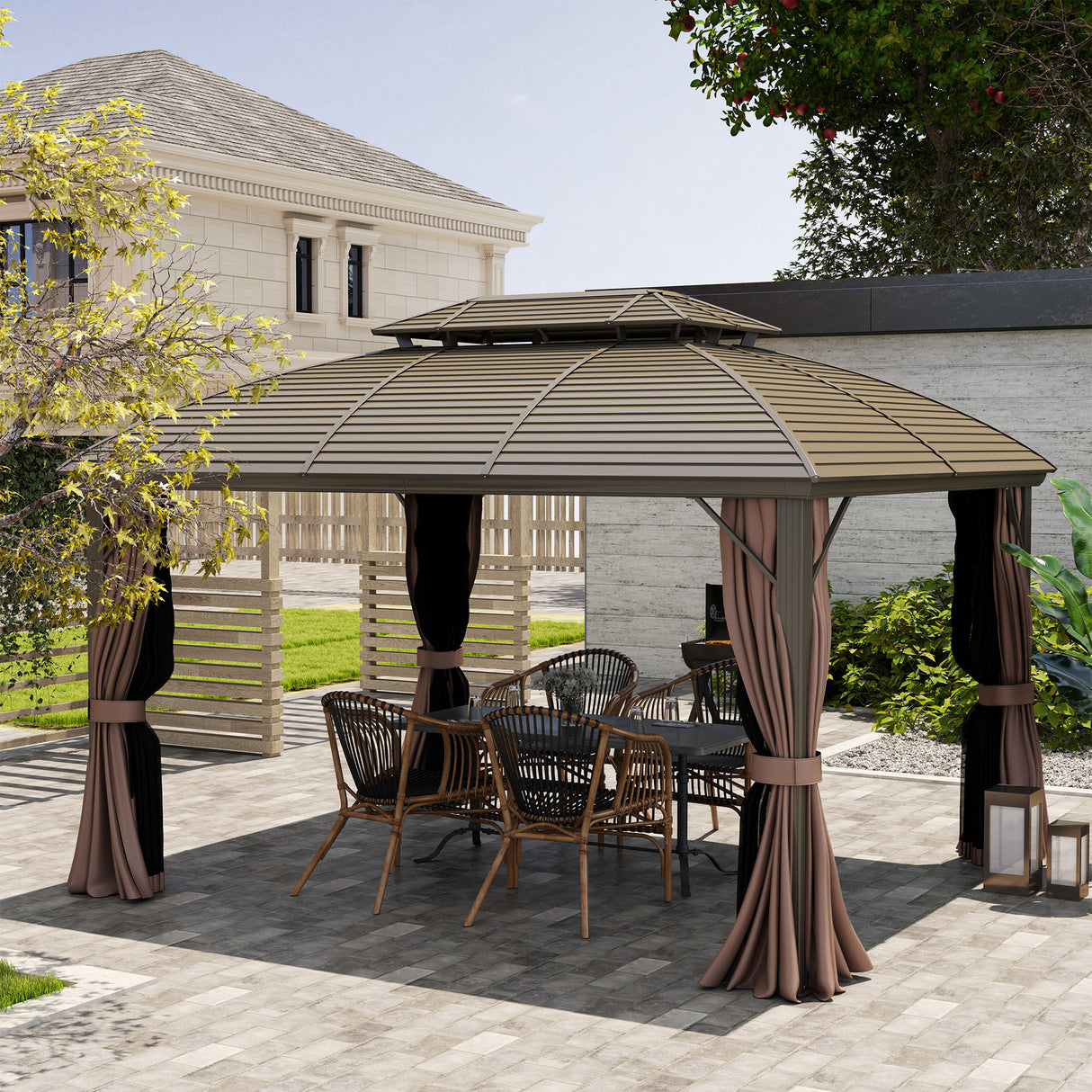 Aluminium Hardtop Gazebo 365cm Width x 300cm Depth With Curtains - Velmora