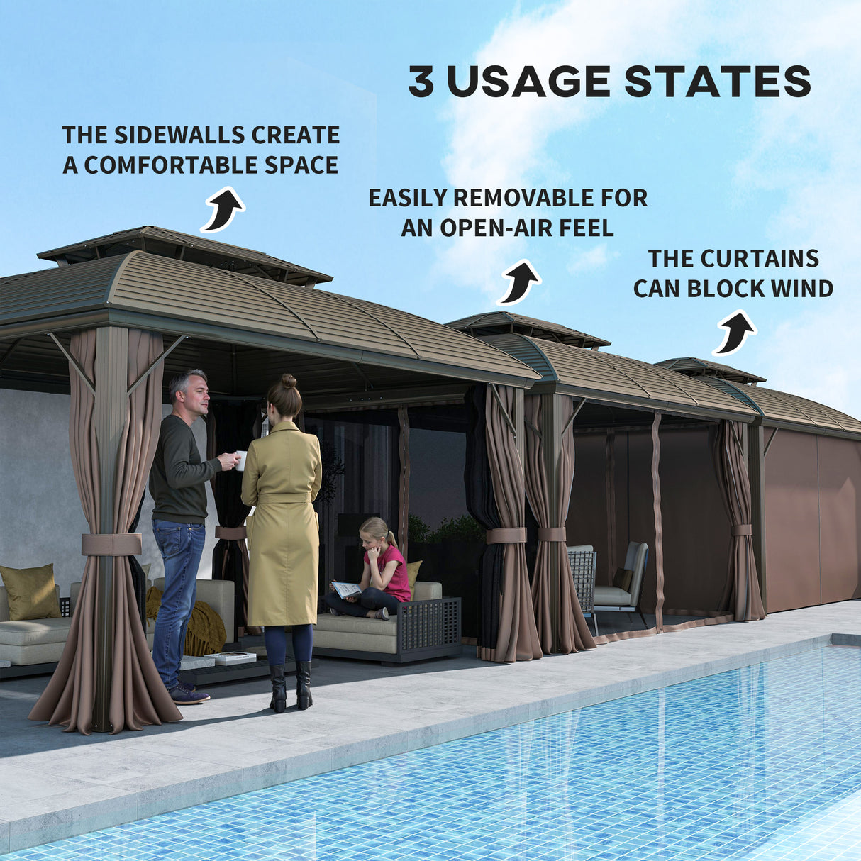 Aluminium Hardtop Gazebo 365cm Width x 300cm Depth With Curtains - Velmora