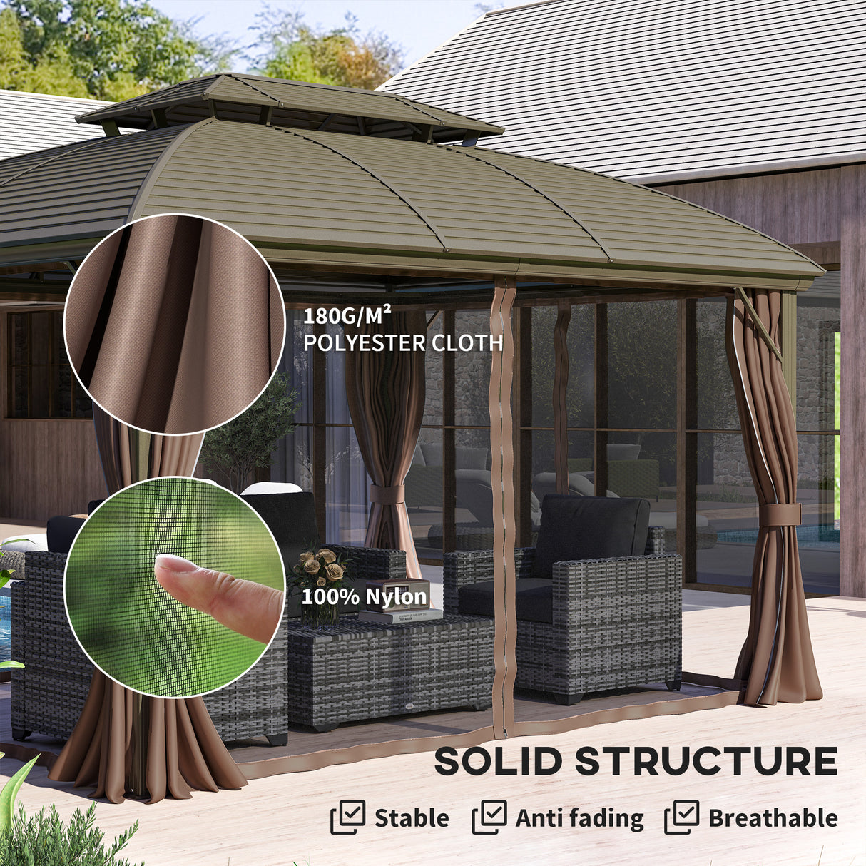 Aluminium Hardtop Gazebo 365cm Width x 300cm Depth With Curtains - Velmora
