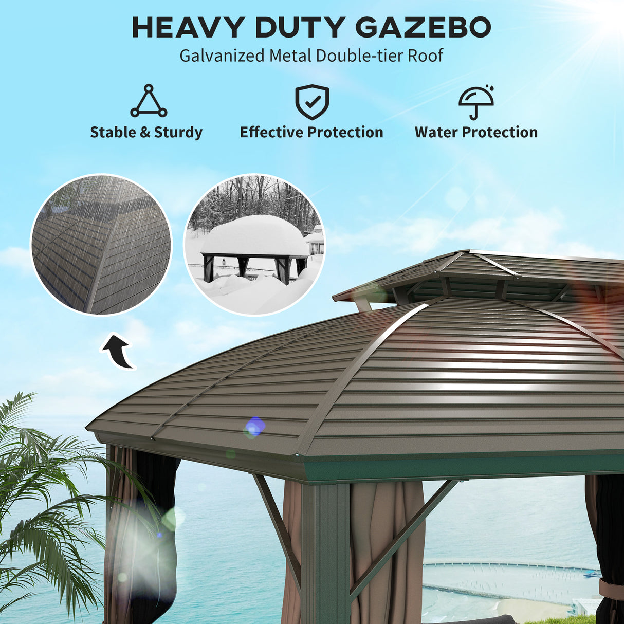 Aluminium Hardtop Gazebo 365cm Width x 300cm Depth With Curtains - Velmora
