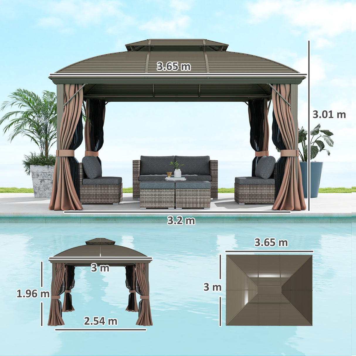Aluminium Hardtop Gazebo 365cm Width x 300cm Depth With Curtains - Velmora