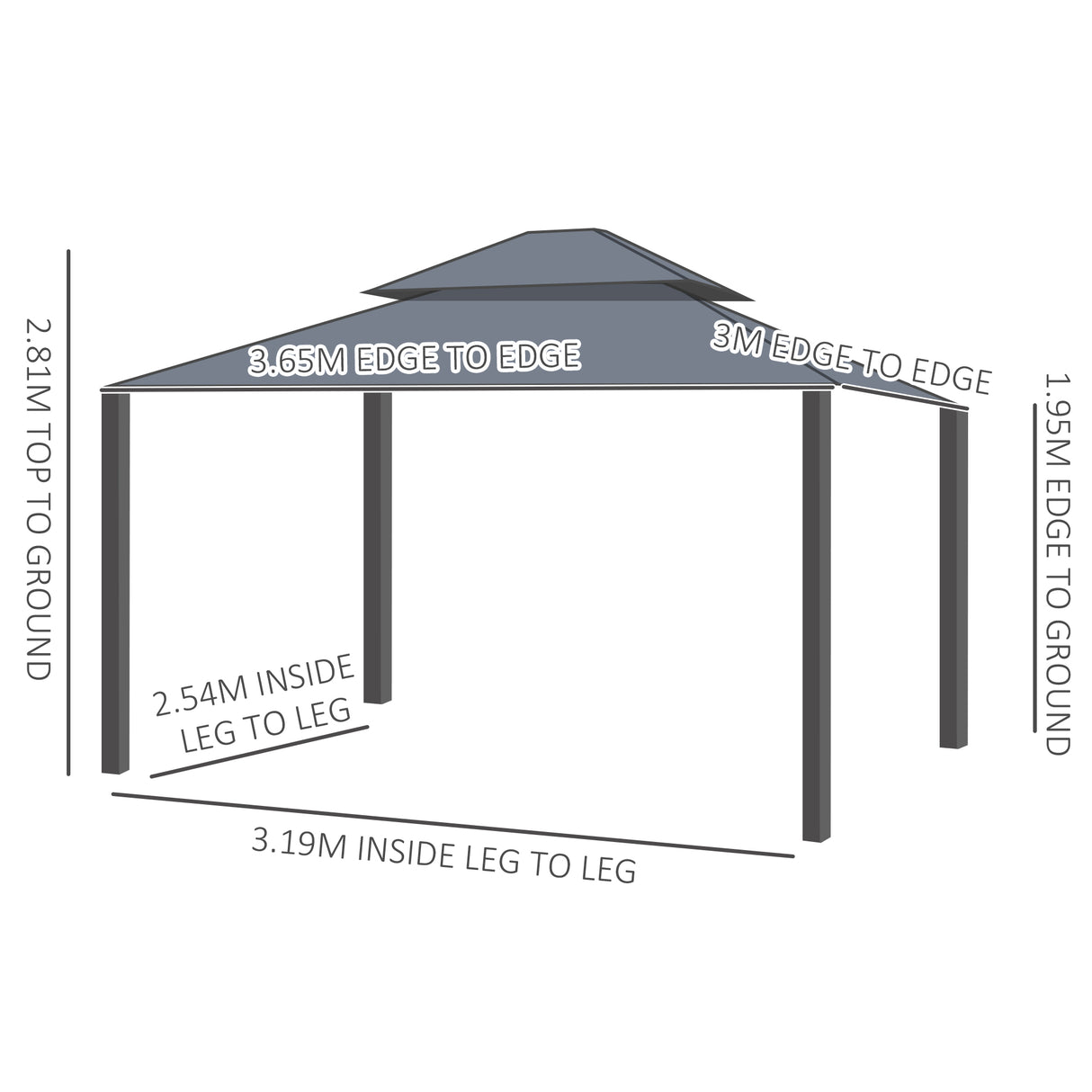 Aluminium Hardtop Gazebo 365cm Width x 300cm Depth With Double Roof - Velmora