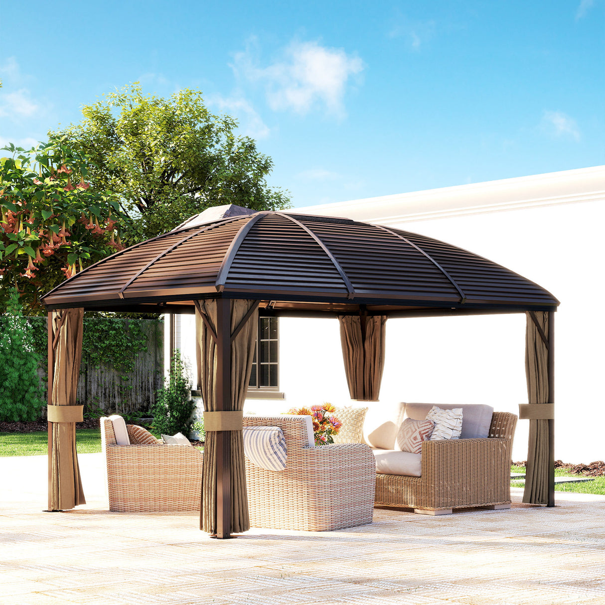 Aluminium Hardtop Gazebo 398cm Width x 298cm Depth With Curtains - Velmora