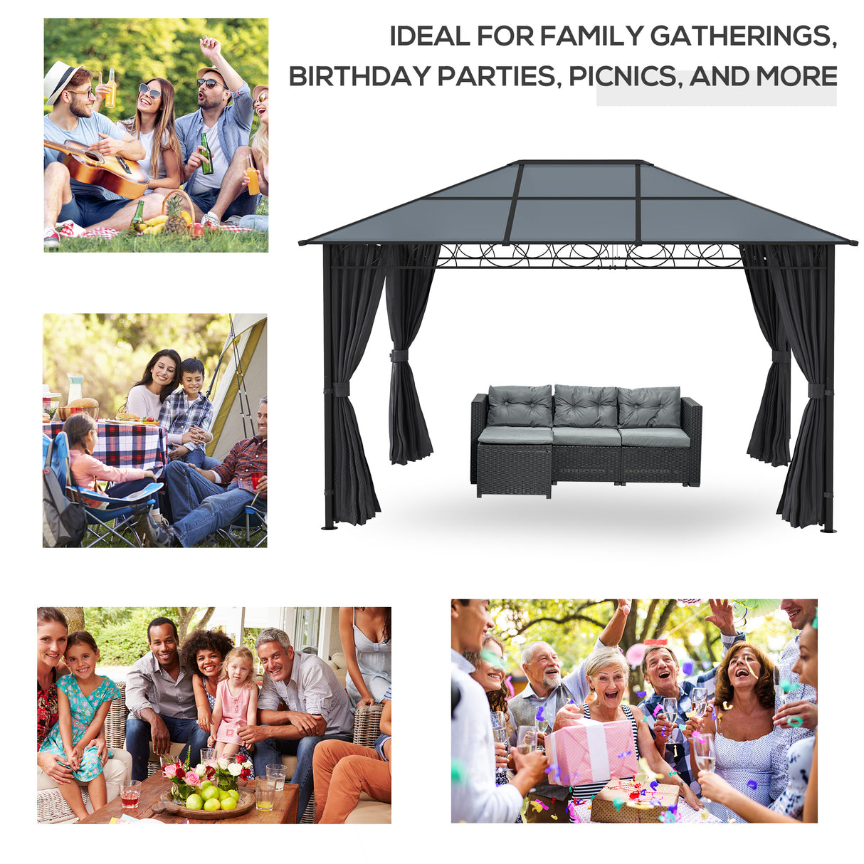 Aluminium Hardtop Gazebo 398cm Width x 300cm Depth With Curtains - Velmora
