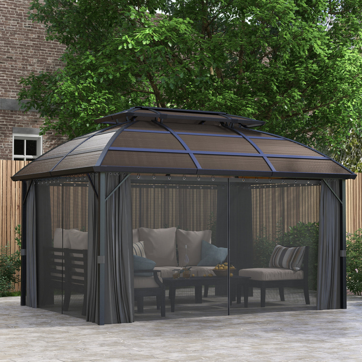 Dinner Set Stand Aluminium Hardtop Gazebo with Double Roof & Curtains 4x3m | Cozy ...