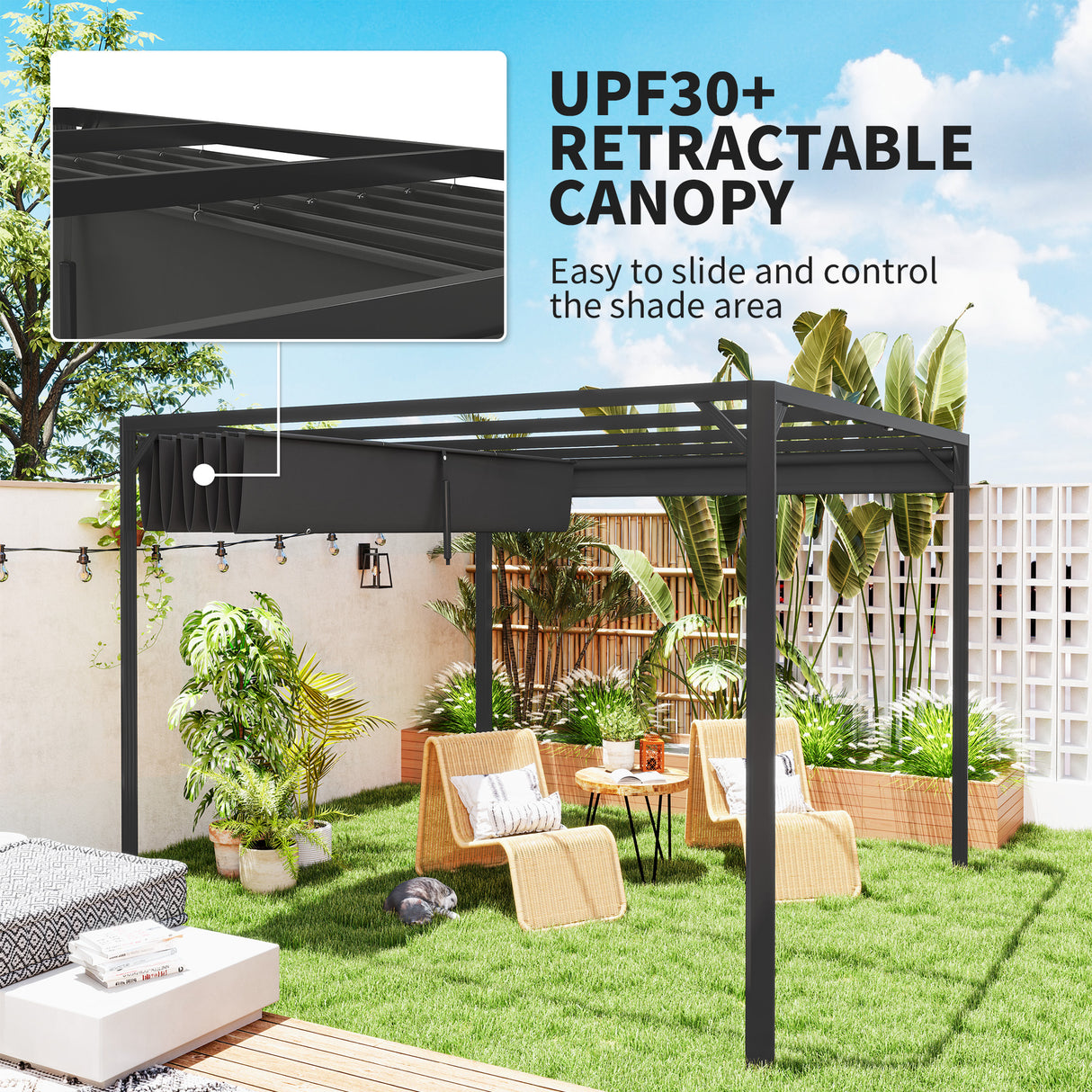 Aluminium Pergola With Retractable Roof 300cm Width x 300cm Depth - Velmora