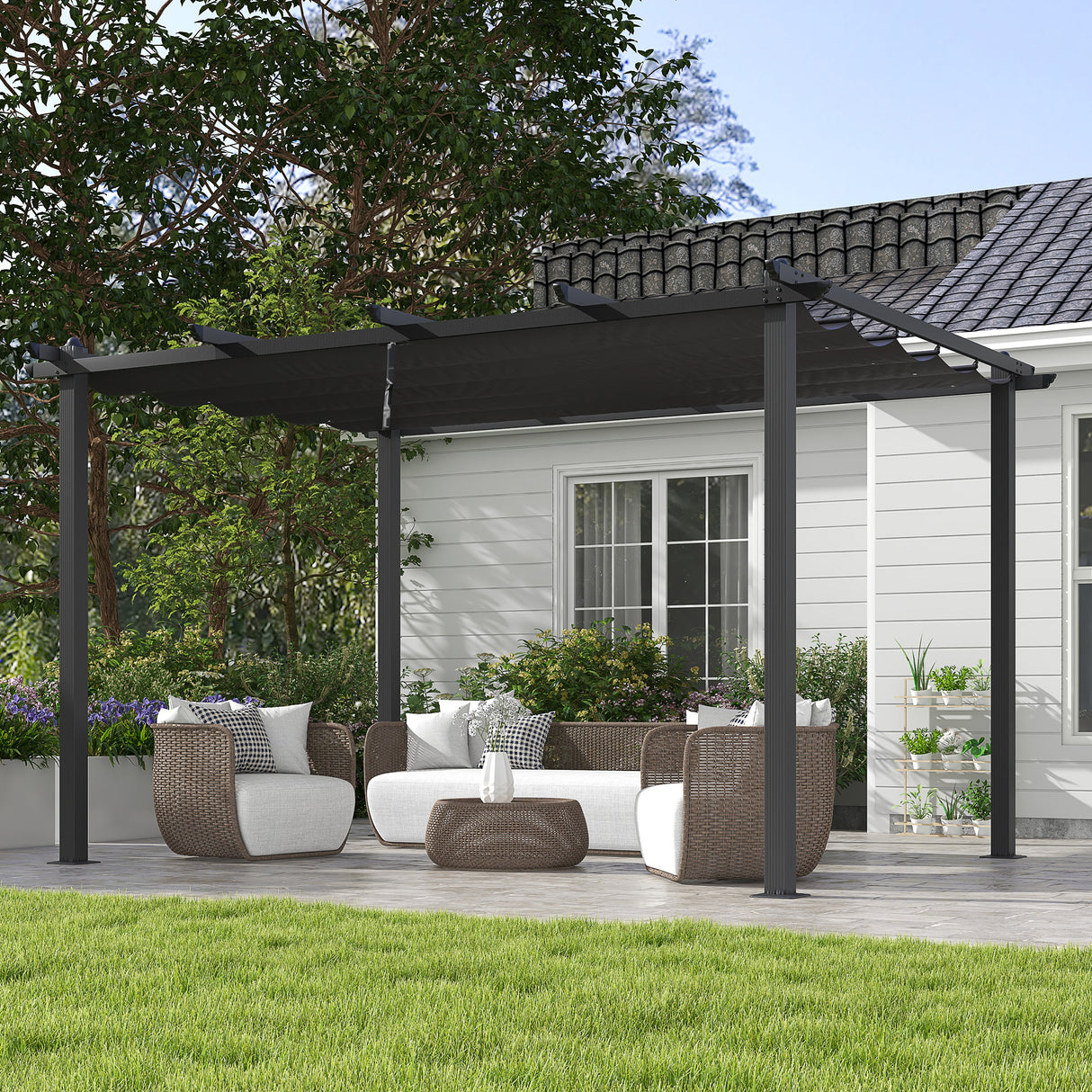 Aluminium Pergola With Retractable Roof 395cm Width x 296cm Depth - Velmora