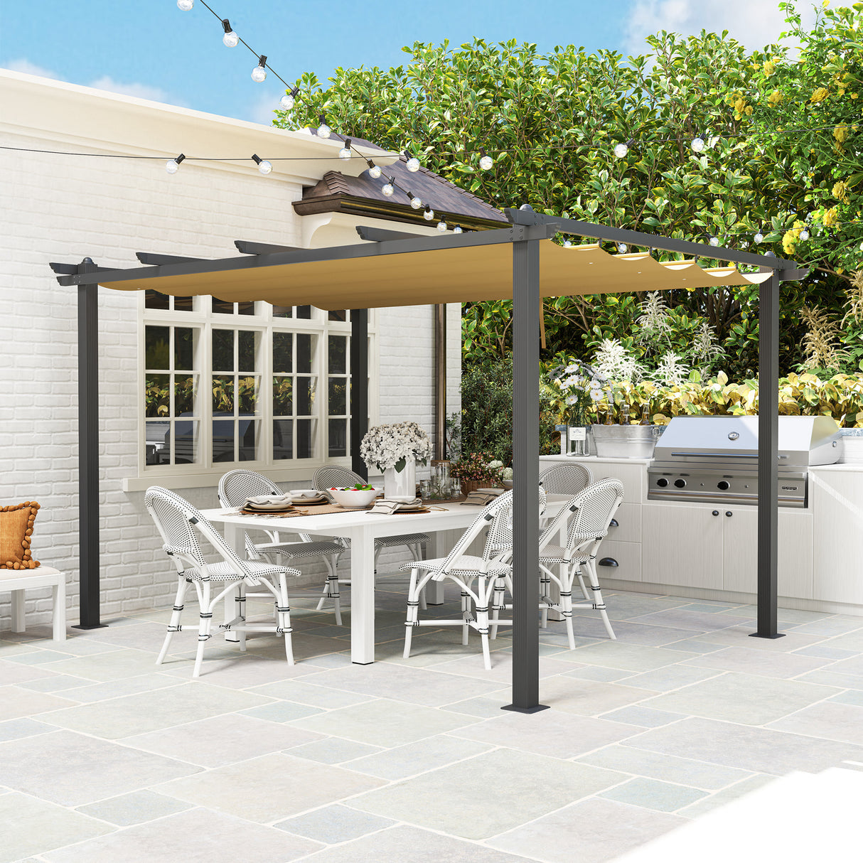 Aluminium Pergola With Retractable Roof 395cm Width x 296cm Depth - Velmora