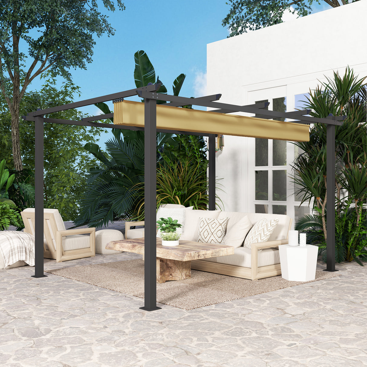Aluminium Pergola With Retractable Roof 395cm Width x 296cm Depth - Velmora