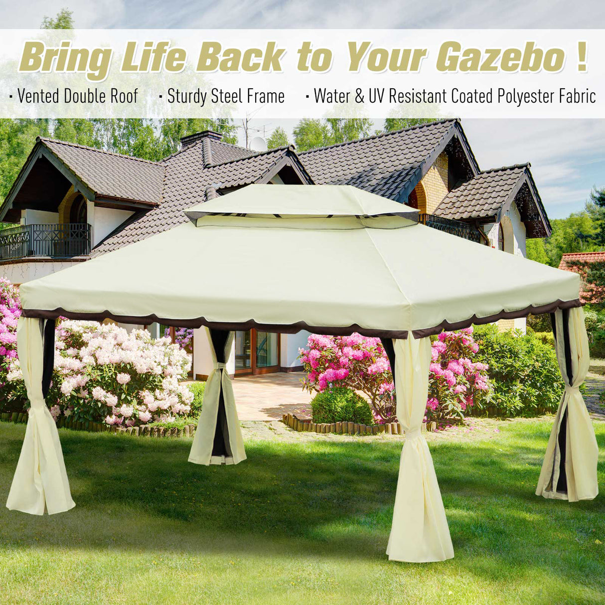 Aluminium Softtop Gazebo 390cm Width x 290cm Depth With Curtains And Netting - Velmora
