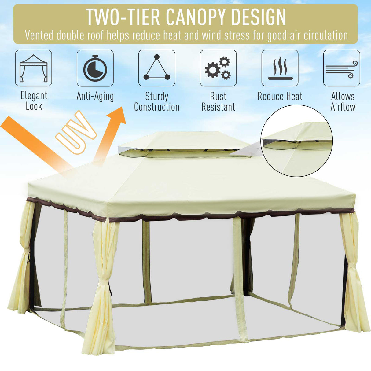 Aluminium Softtop Gazebo 390cm Width x 290cm Depth With Curtains And Netting - Velmora