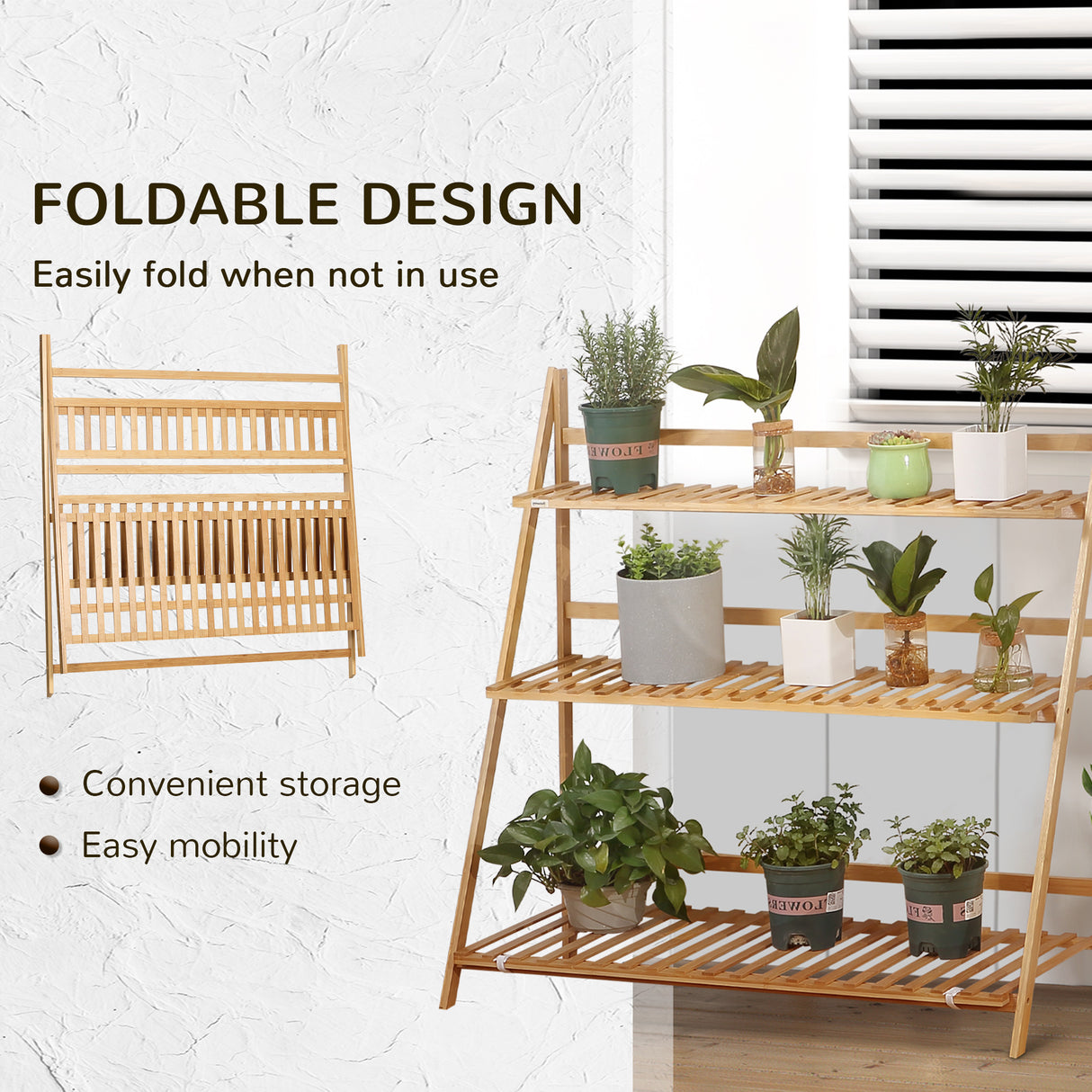 Bamboo 3 Tier Folding Plant Stand 100cm Wide - Velmora
