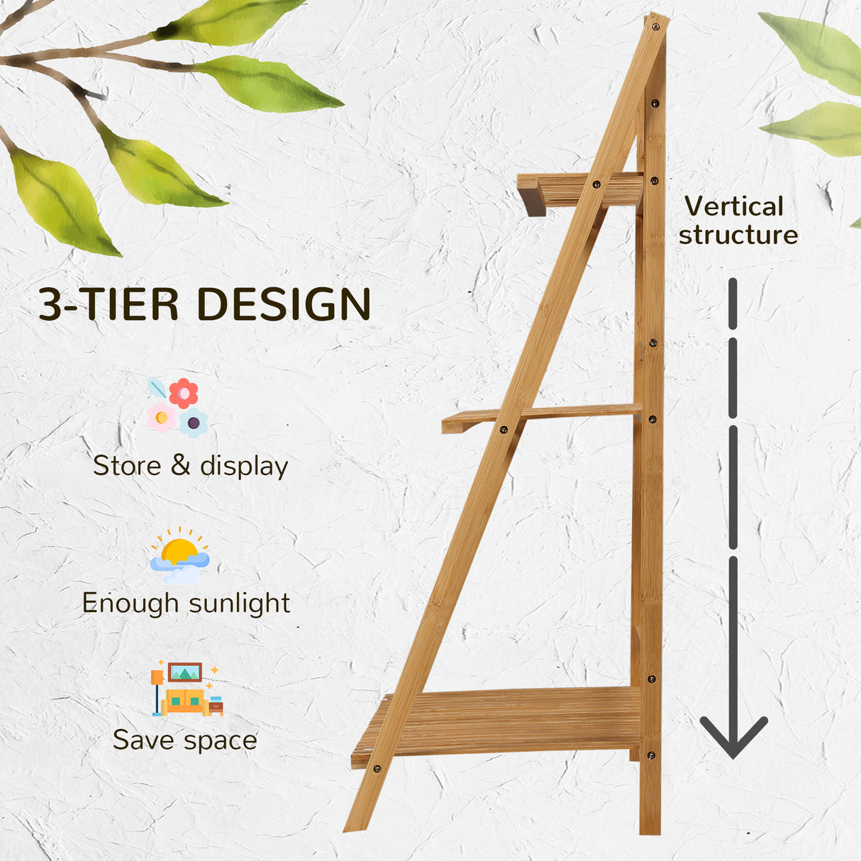 Bamboo 3 Tier Folding Plant Stand 100cm Wide - Velmora