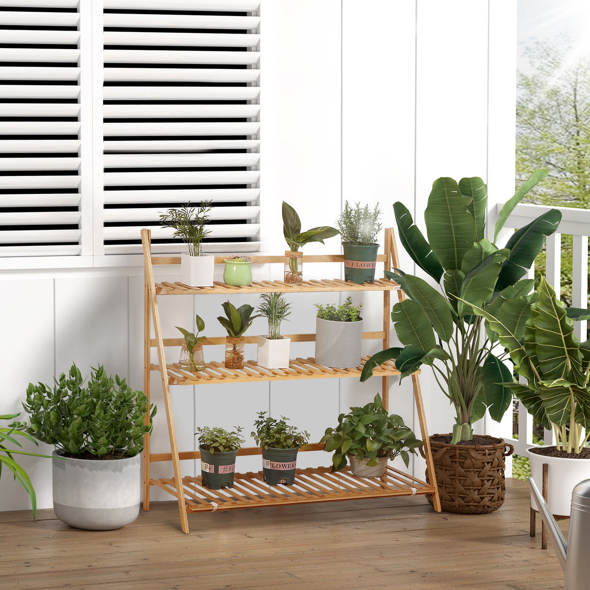 Bamboo 3 Tier Folding Plant Stand 100cm Wide - Velmora