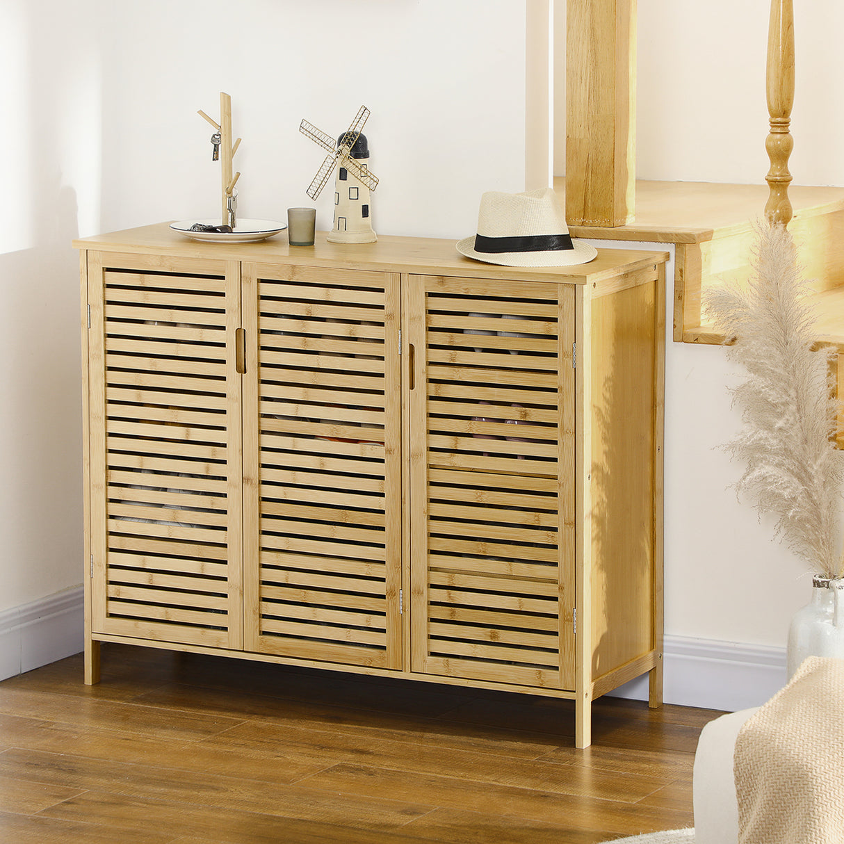 Bamboo Shoe Storage Cabinet 100cm Wide With 3 Doors - Velmora