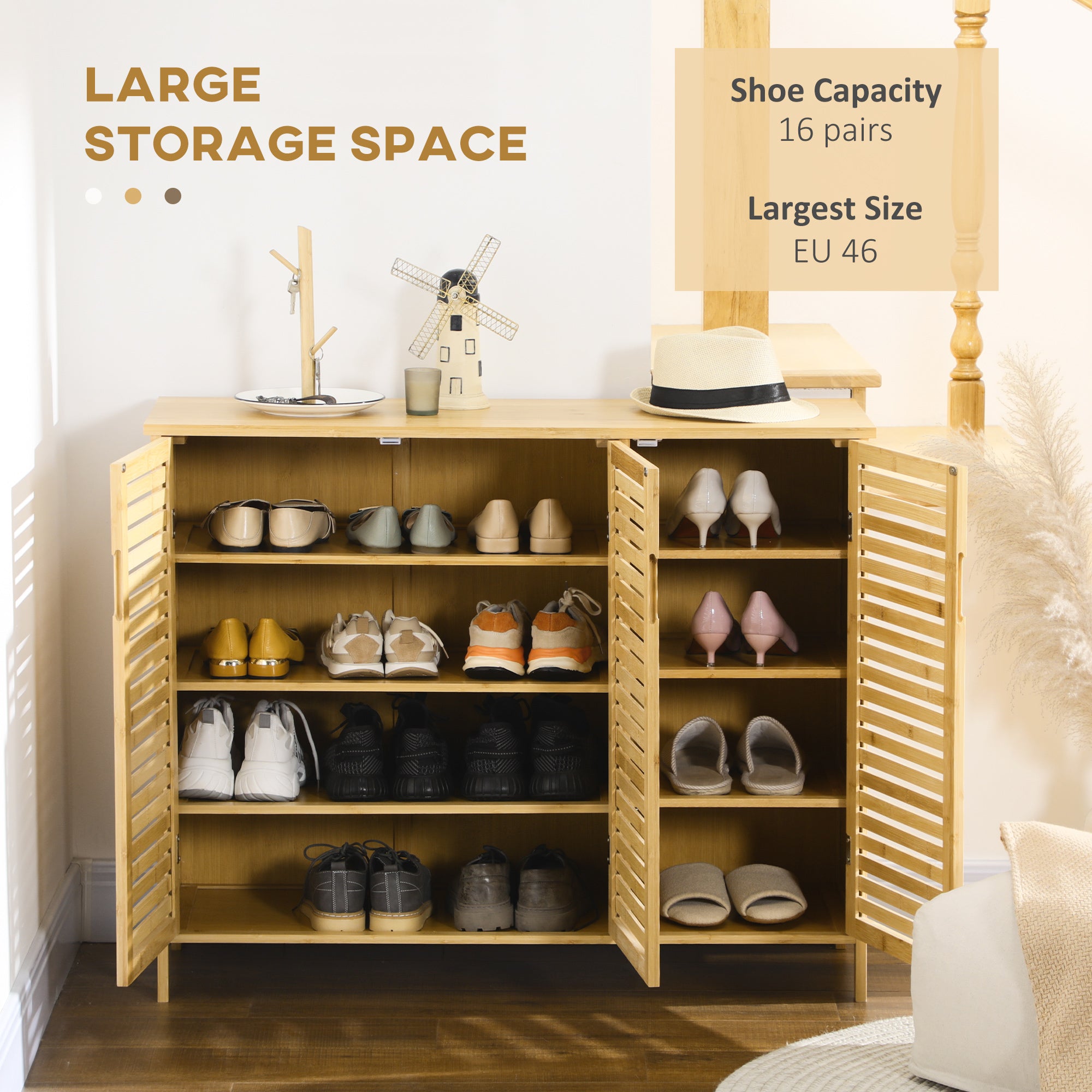 Bamboo Shoe Storage Cabinet 100cm Wide With 3 Doors - Velmora
