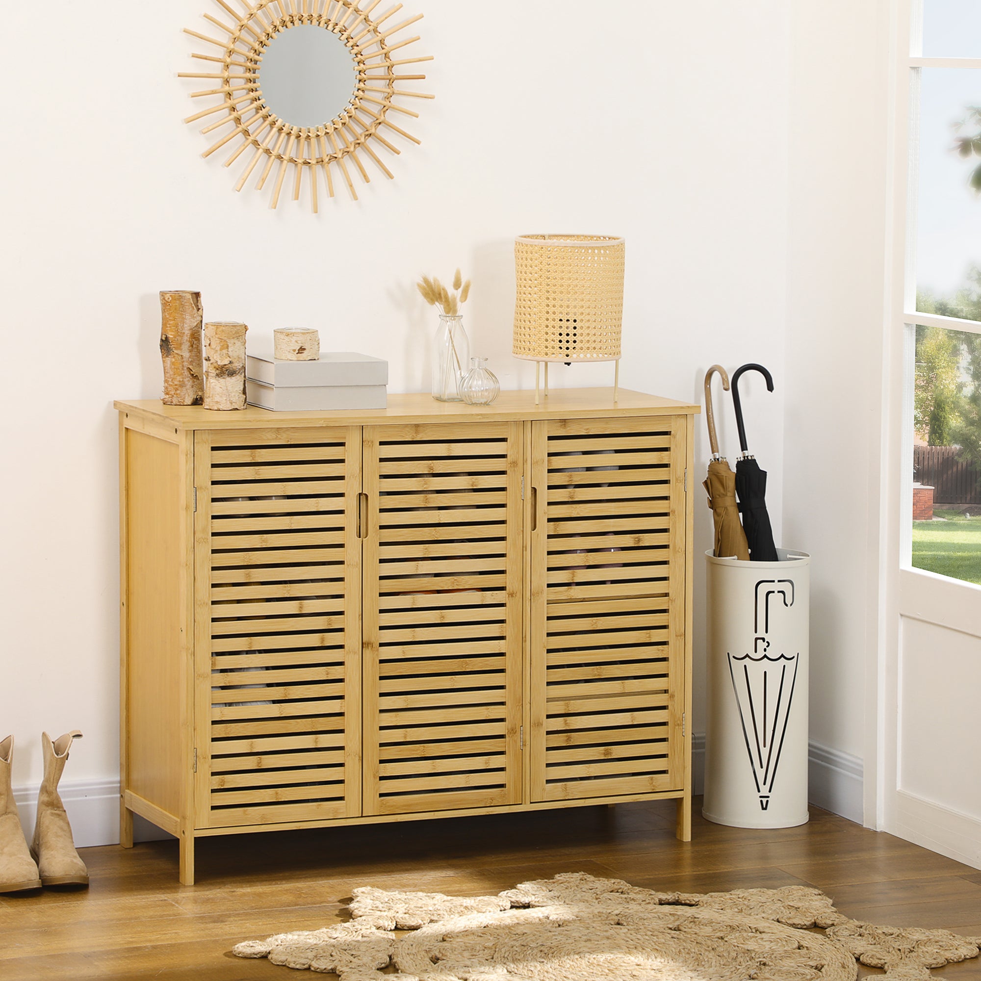 Bamboo Shoe Storage Cabinet 100cm Wide With 3 Doors - Velmora