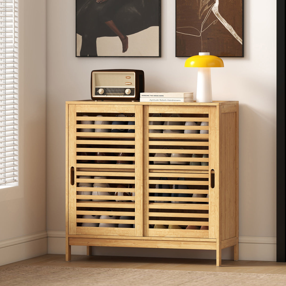 Bamboo Shoe Storage Cabinet 80cm Wide With 2 Sliding Slat Doors - Velmora