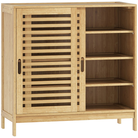 Bamboo Shoe Storage Cabinet 80cm Wide With 2 Sliding Slat Doors - Velmora