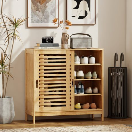 Bamboo Shoe Storage Cabinet 80cm Wide With 2 Sliding Slat Doors - Velmora