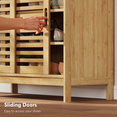 Bamboo Shoe Storage Cabinet 80cm Wide With 2 Sliding Slat Doors - Velmora